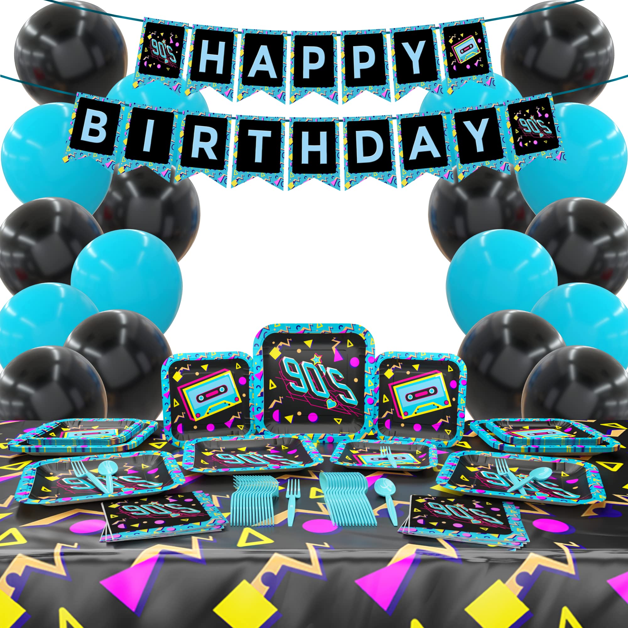 Blue Orchards 90s Deluxe Party Supplies Pack (123 Pieces for 16 Guests) - Theme Decorations, Decor for Adults, 1980s, Birthday
