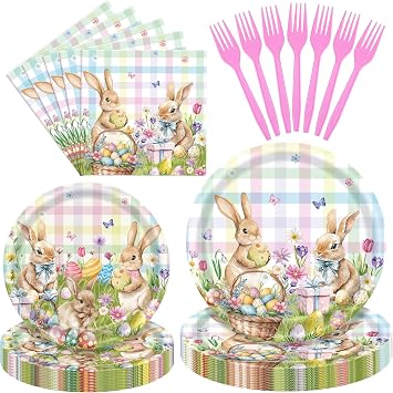 100 Pieces Easter Bunny Tableware Set Pastel Plaid Rabbit Disposable Plates, Napkins, and Pink Forks for Easter Party, Spring Celebration, Baby Shower, or Holiday Gathering, Serves 25 Guests