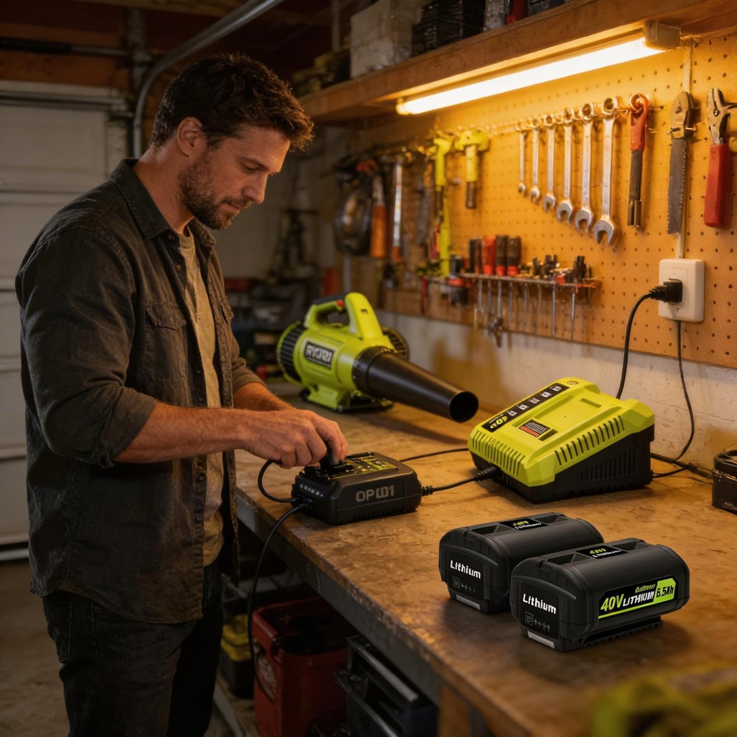 BatPower 2-Pack 6.5Ah 40V Replacement Battery and Charger Starter Kit Compatible with Ryobi 40V Tools, 2 High Capacity Lithium-Ion Batteries and 1 Charger OP4050A OP401 (3-Piece Set)
