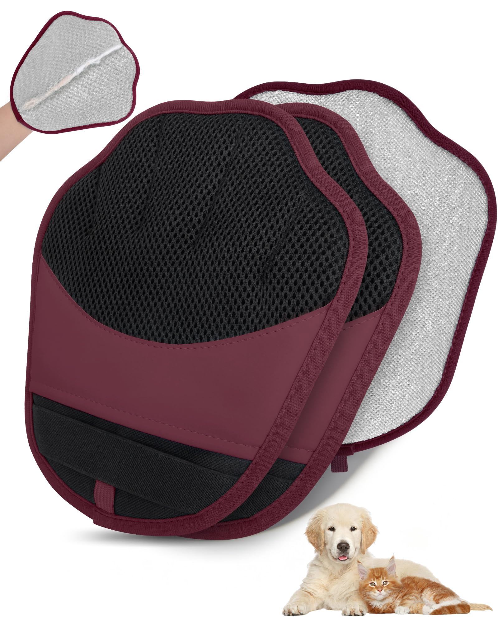 Set mit 2 elektrostatischen Pflegehandschuhen für Hunde und Katzen,Red | Waschbarer elektrostatischer Handschuh zur Entfernung von Tierhaaren mit verstellbarem Riemen.