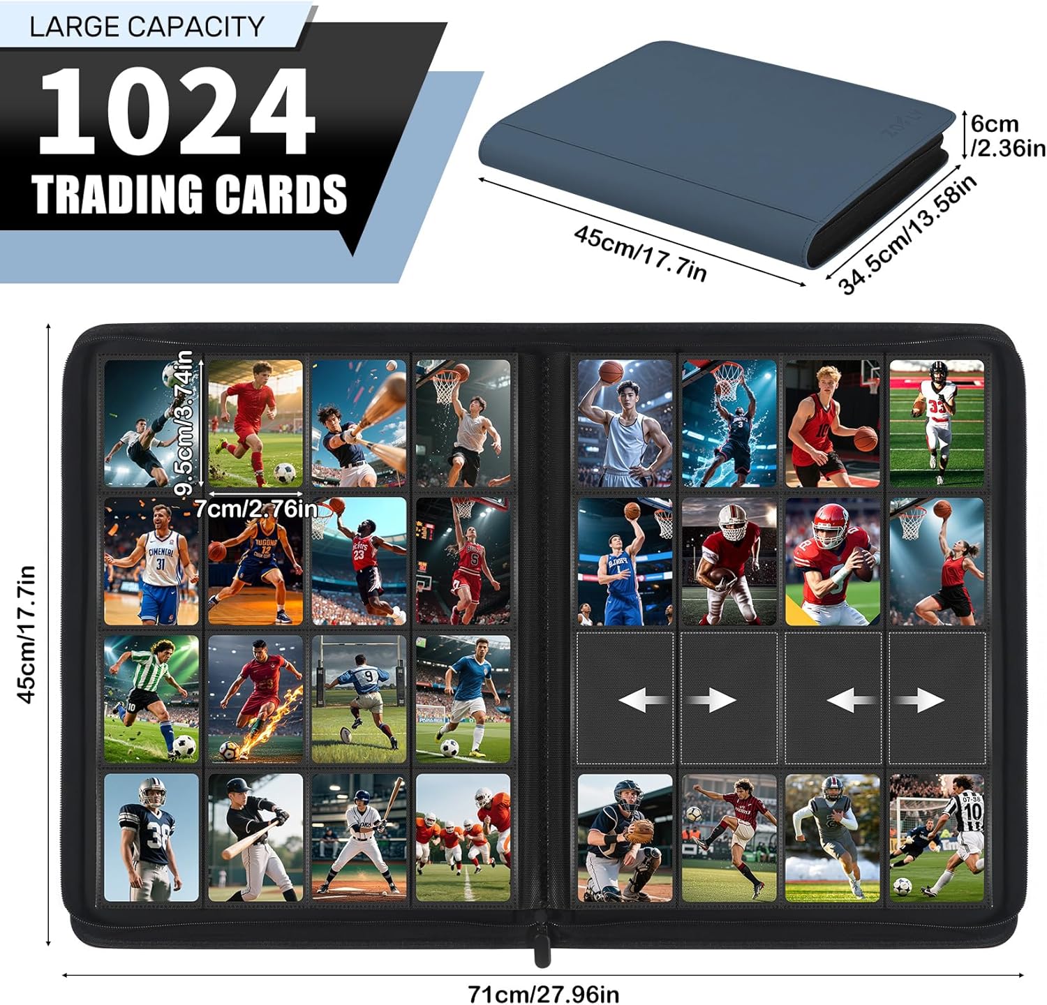 1000+ Pockets Trading Card Binder, 16 Pockets Zipper Binder Card Album, 32 Pack Double-sided Side Loading Non-Ring Card Binder, Card Holder Folders for MTG, TCG, Game Cards & Sports Cards, Navy Blue