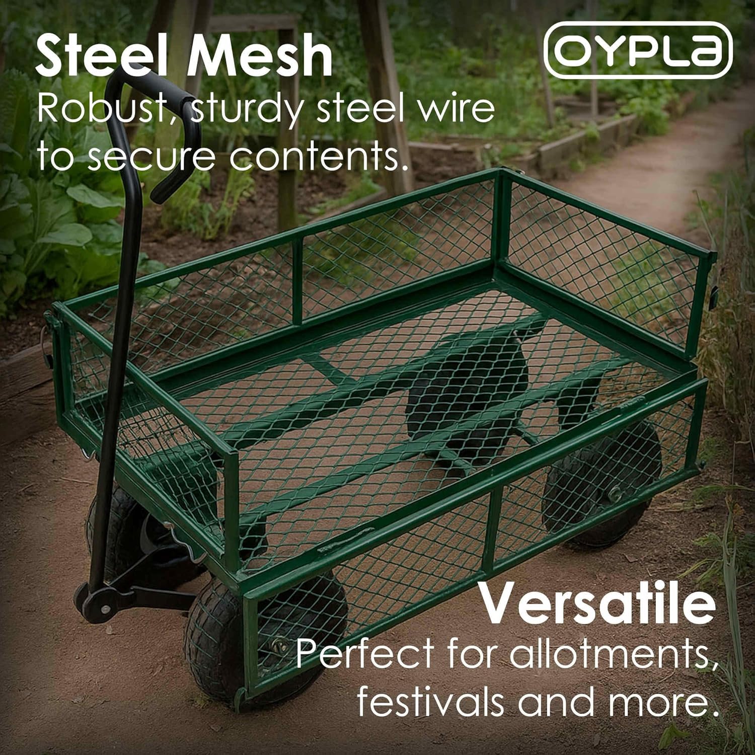 Green metal gardening trolley loaded with garden debris, being pulled across a lawn, demonstrating its capacity.