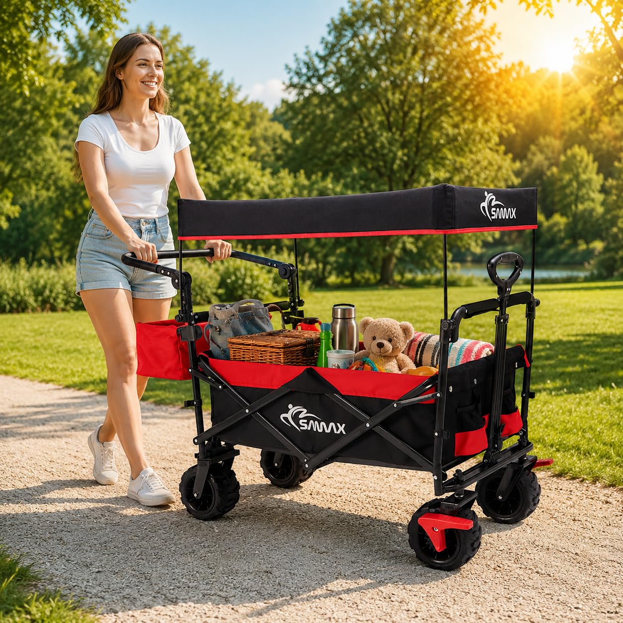 SAMAX Bollerwagen mit Dach Faltbar - Handwagen Transportwagen Gerätewagen Faltwagen - klappbar mit Bremse und Hecktasche - für alle Offroad Gelände geeignet - Schwarz/Rot