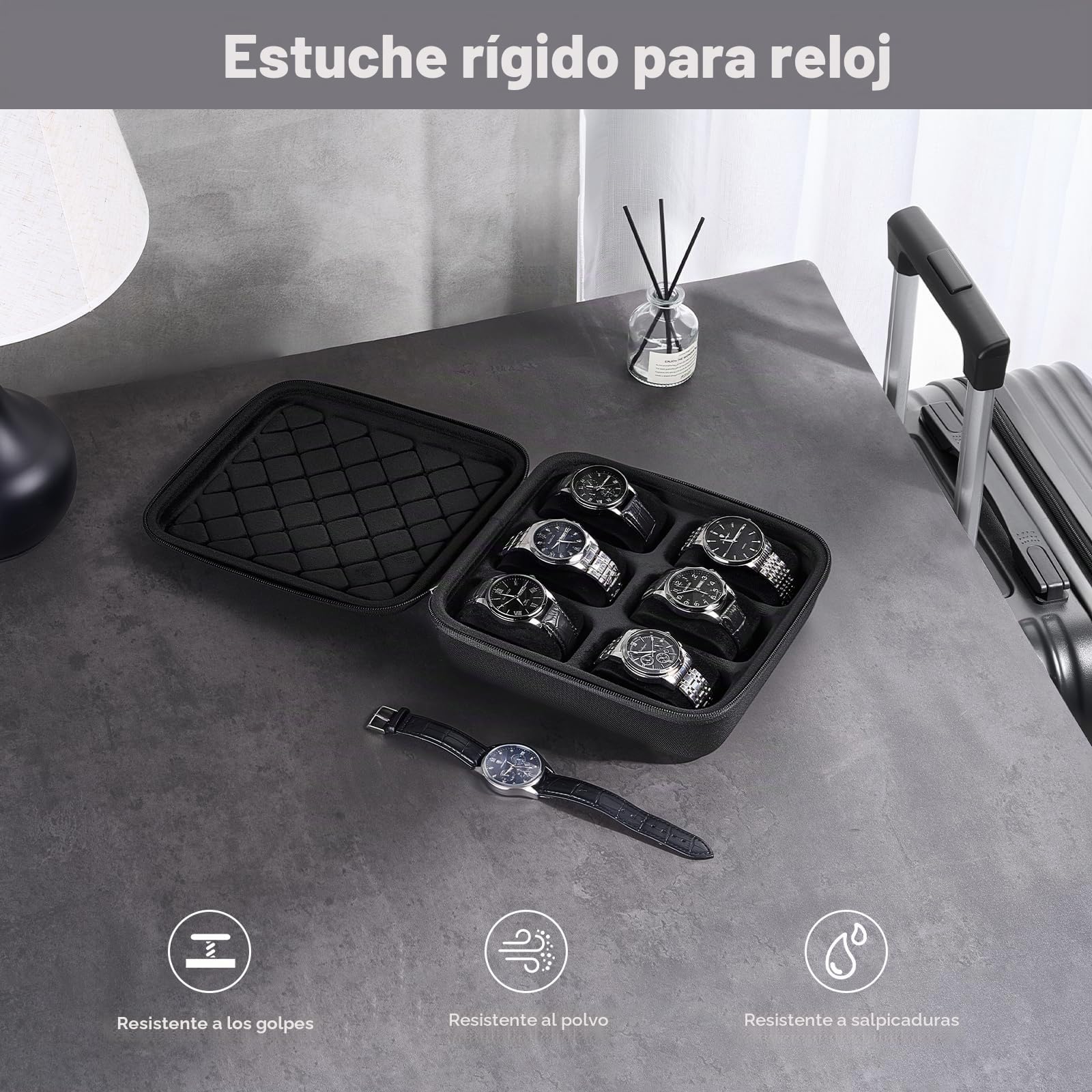 ProCase Estuche para Relojes de Viaje - Caja Rígida con 6 Ranuras, Organizador Multi-Compartimentos. Ideal para Hombres y Mujeres de Negocios, Práctico para Viajes, Regalos y Uso Diario - Negro