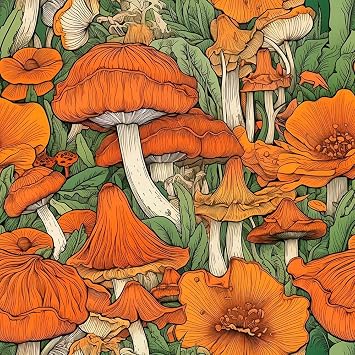 MuralPeel Boho Orange/Green Mushroom Forest Plants Peel and Stick Wallpaper Self Adhesive Removable Easy Peel Off Stick on Wall Paper for Bedroom Cabinet Renter