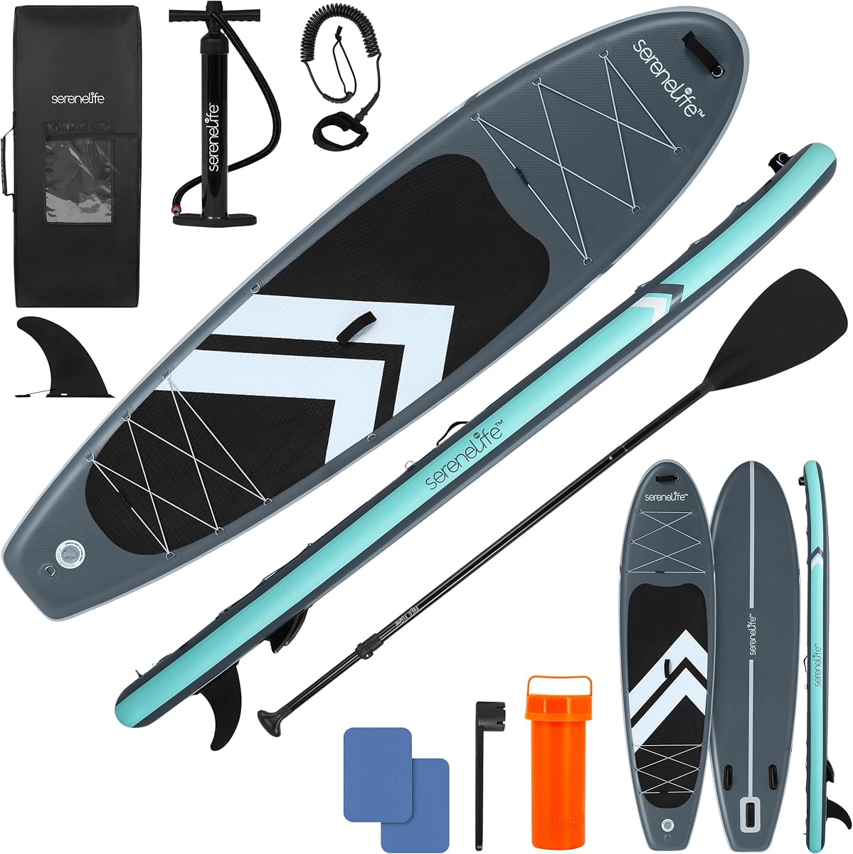SereneLife Tabla de remo inflable de 10'6" con plataforma estable de 33" de ancho - Cubierta de EVA antideslizante, remo de aluminio de 3 piezas, correa de seguridad, aletas extraíbles y mochila de transporte, capacidad de 350 libras