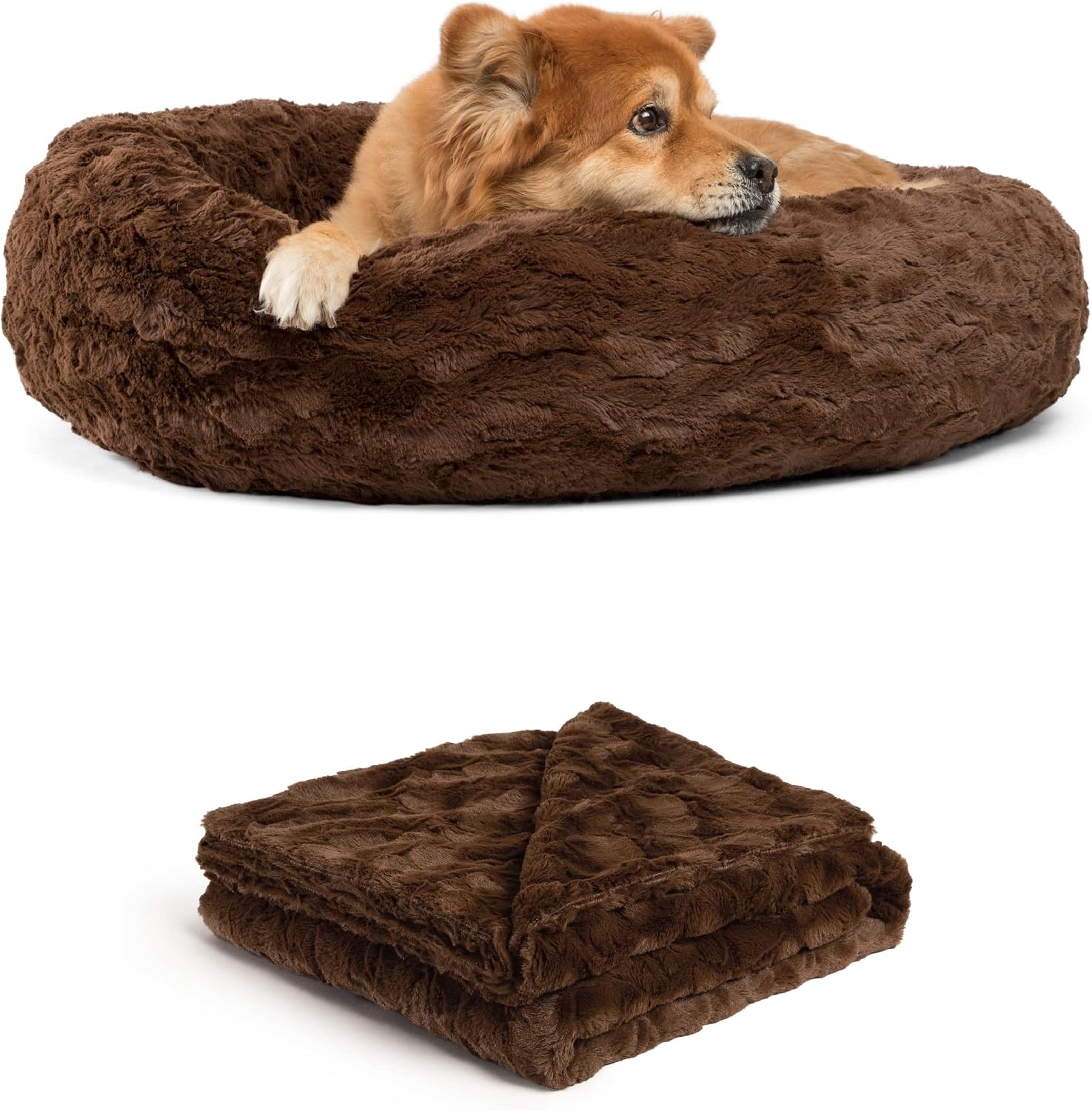 Best Friends by Sheri Bundle Set The Original Calming Lux Donut Cuddler Cat and Dog Bed + Pet Throw Blanket Dark Chocolate Medium 30" x 30"