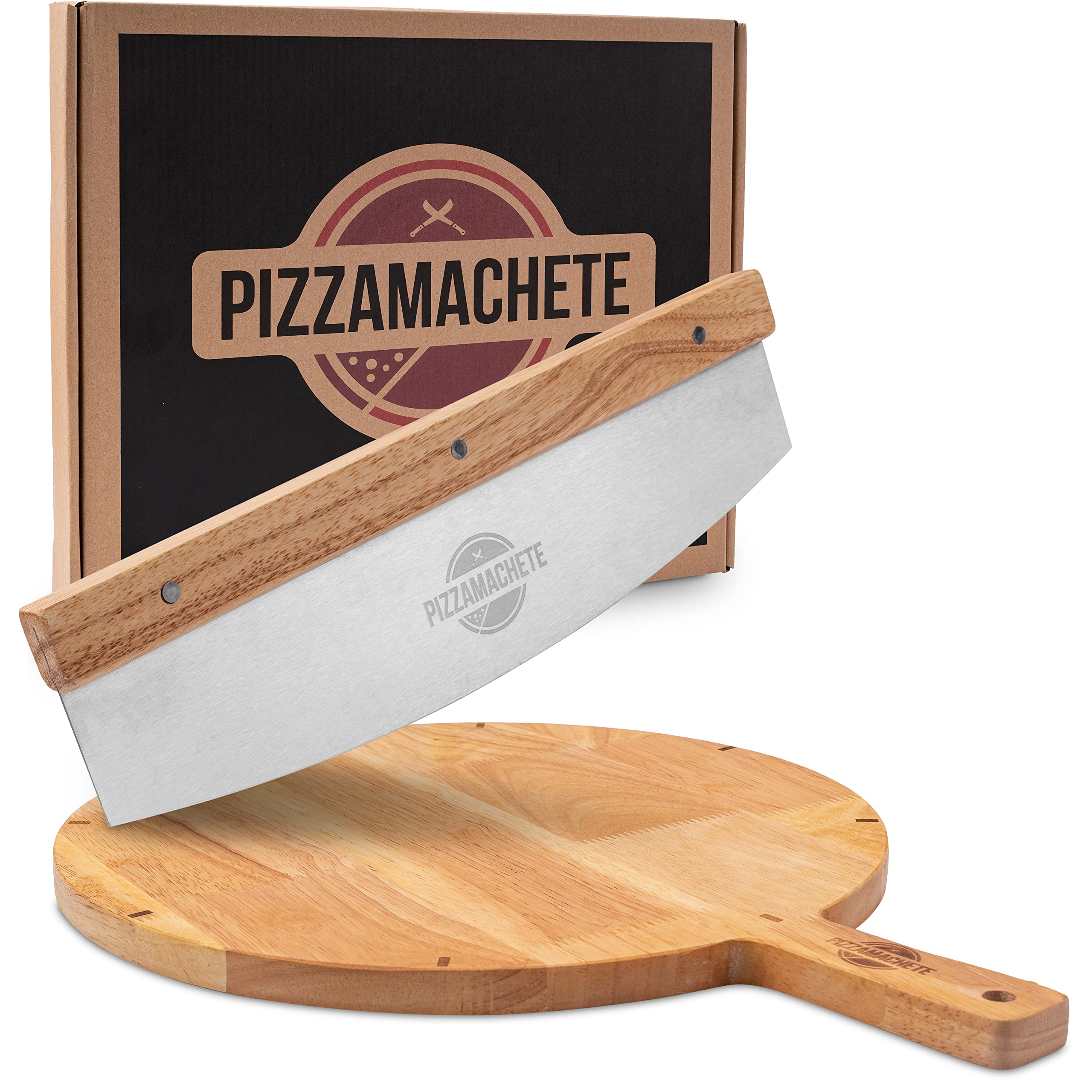 PIZZAMACHETE Pizzaschneider + Pizzabrett , Pizza Set bestehend aus Wiegemesser und Pizzaschneidebrett, -Zubehör mit Cutter aus rostfreiem Edelstahl, Bretter Holz-Griff