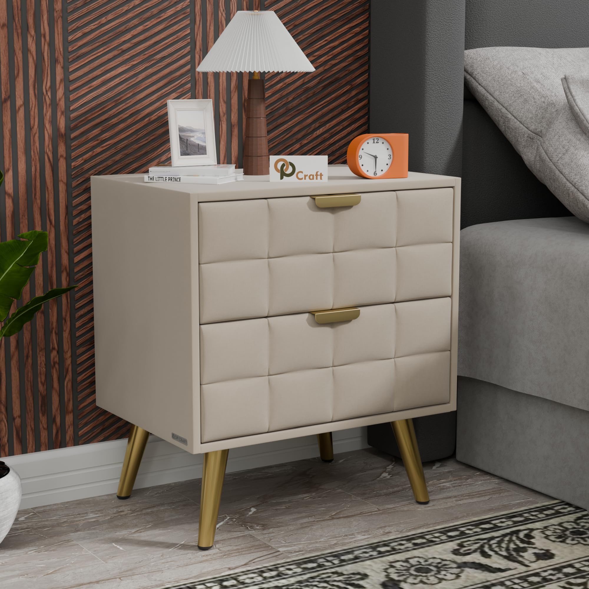 Modern Bedside Table with 2 Drawers | Upholstered Wooden Nightstand with Checkered Fabric Front | Gold Handles & Metal Legs | Bedroom Side Table Storage Cabinet (Cream)-picture-28