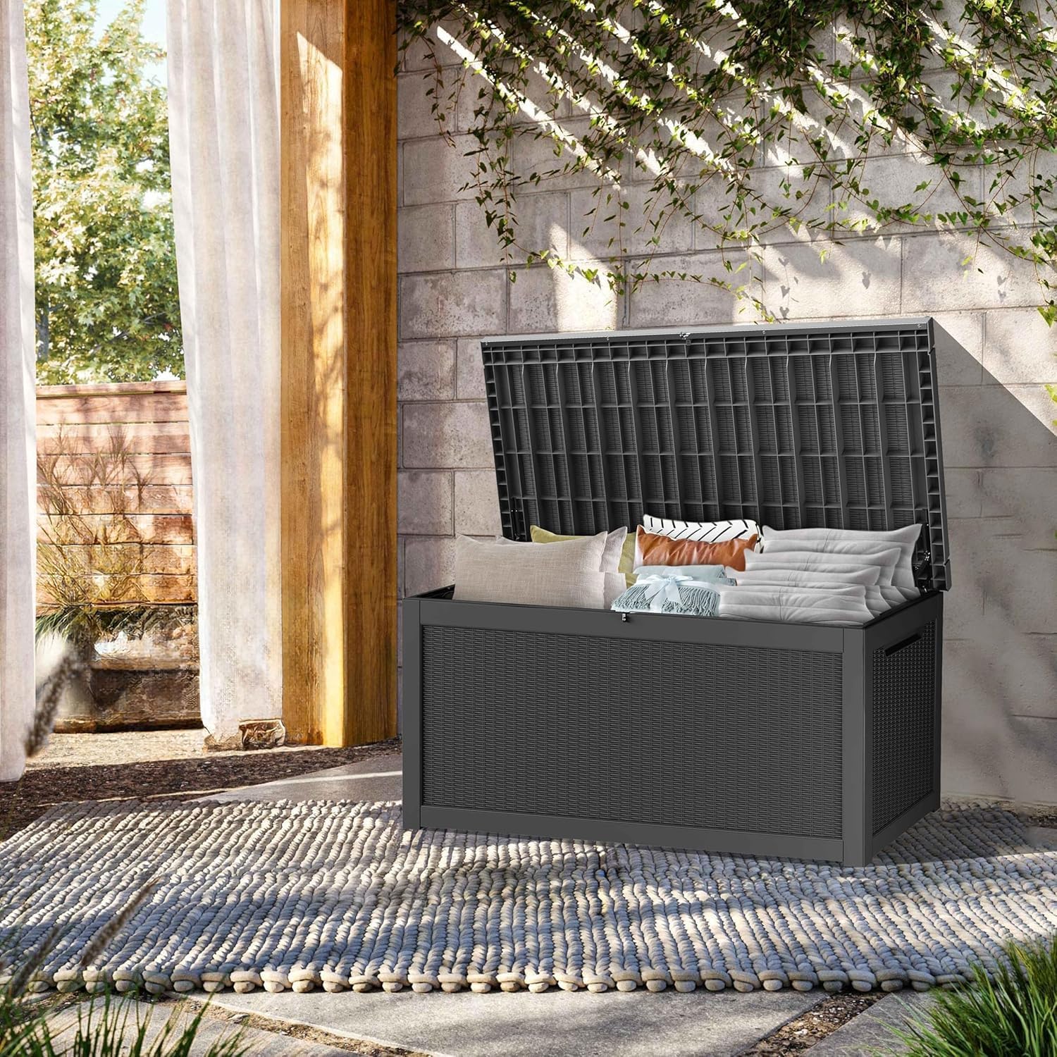320 Gallon Resin Deck Box Waterproof Outdoor Storage Box for Patio Furniture Pool Accessories Indoor Storage for Cushion Garden Tools, Black