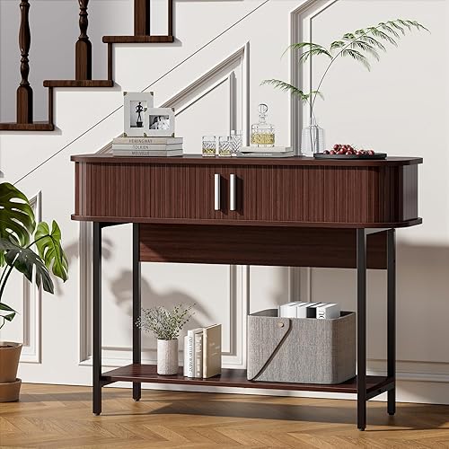 Miniatura 8 de Mesa de entrada moderna de mediados de siglo de 40 pulgadas, mesa consola acanalada ultra delgada con puertas de almacenamiento y correderas,