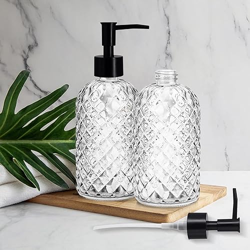 Miniatura 5 de Paquete de 2 dispensadores de jabón de vidrio con bomba de plástico negro, dispensador de jabón líquido de manos de 13 onzas, bomba a prueba de