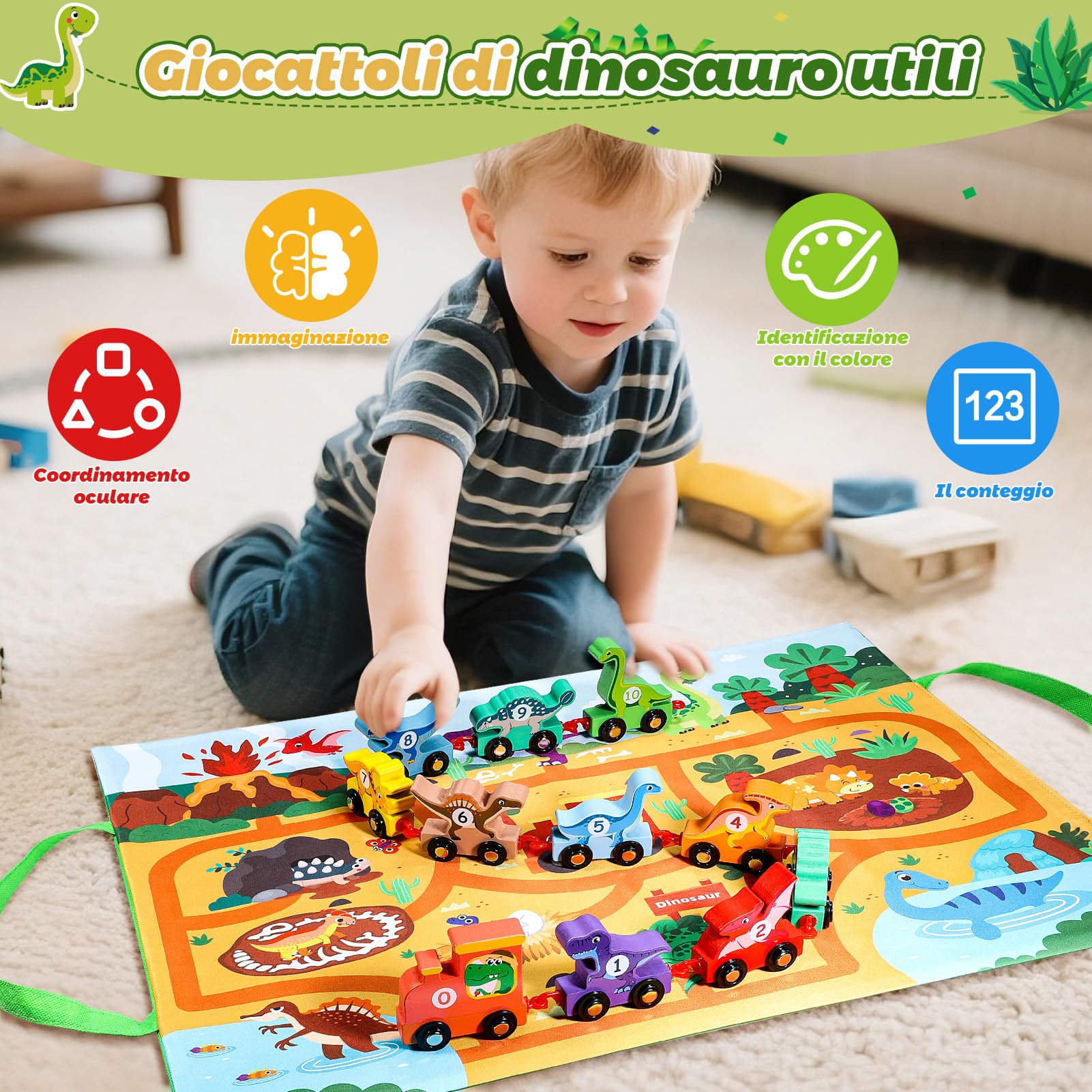 Anginne Giochi Bambini 1 2 3 Anni, Trenino di Legno Dinosauri, con Tappetino per Riporre i Giochi, Regalo Bambino 1 Anno Maschio Gioco Bambino 1-4 Anni - Giocattoli Dinosauri per Bambini
