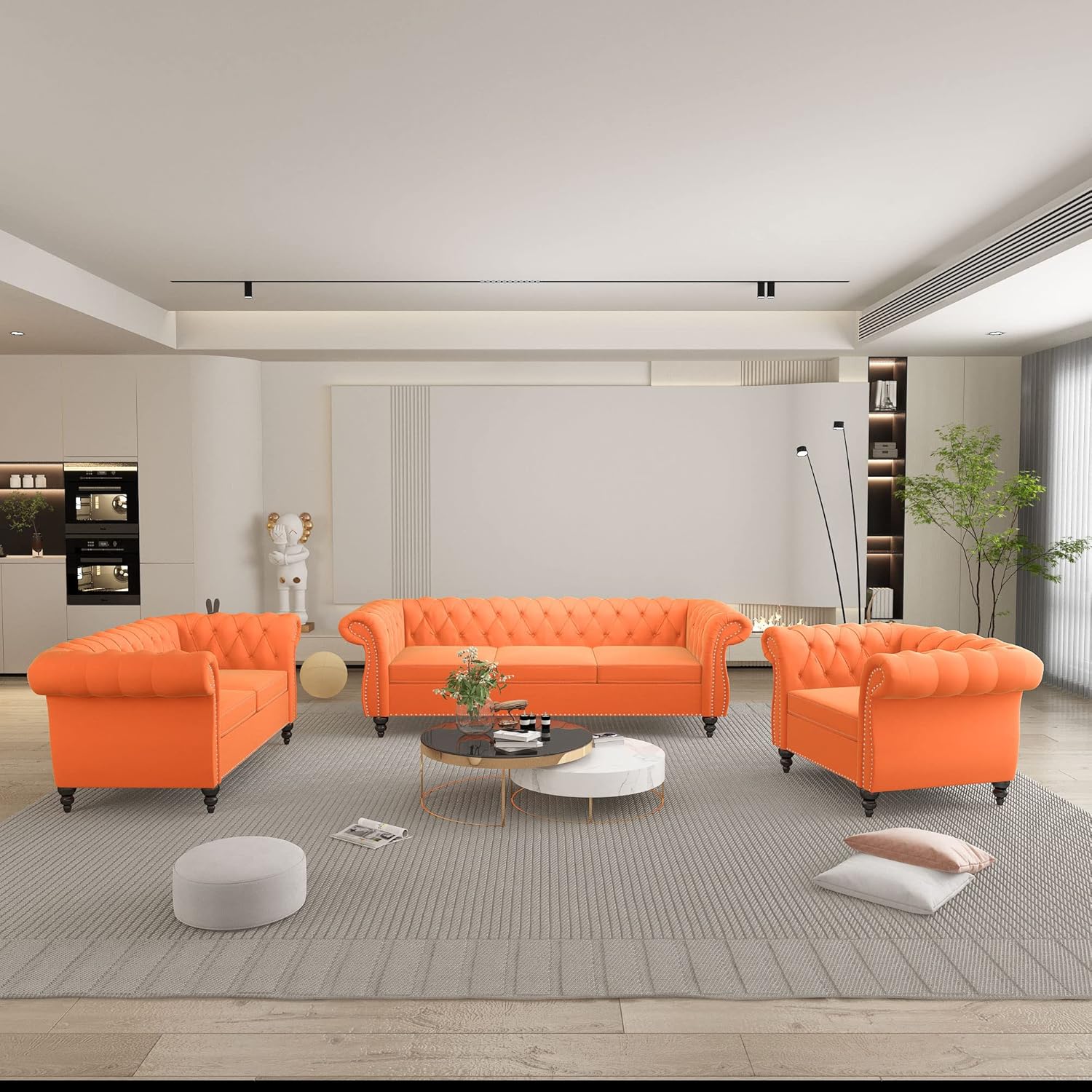 QHITTY 3 Piece Living Room Set, Sectional Chesterfield Sofa Chair Contemporary