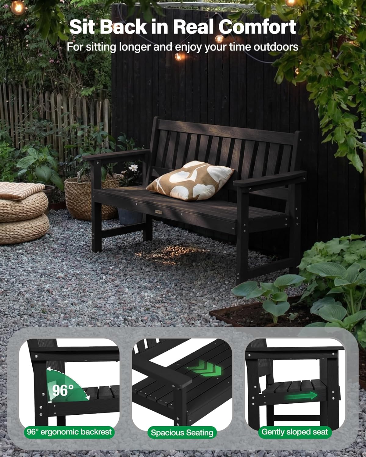 YEFU Outdoor Bench 2-Person Seat: HIPS Outdoor Benches Weatherproof - Comfortable & Heavy Duty Garden Bench for Indoor Outside Patio Front Porch Backyard Park, Black