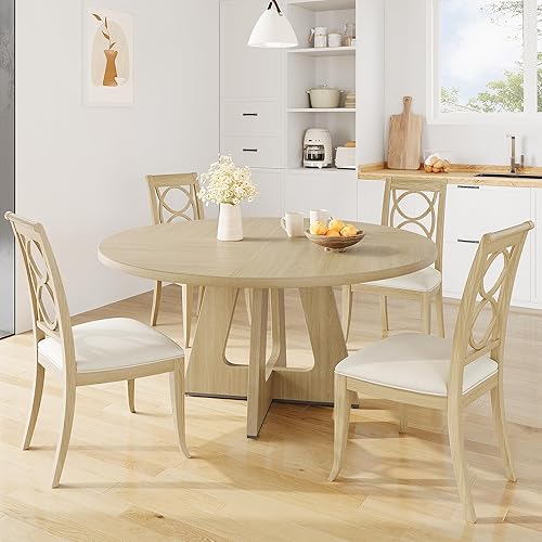 GarveeHome 47-Inch Round Large Dining Table, Wooden Kitchen Table Set for 4 to 6, Farmhouse Dinner Table with Wooden Top and Legs for Home Dining Room or Living Room - Burlywood(Only Table)