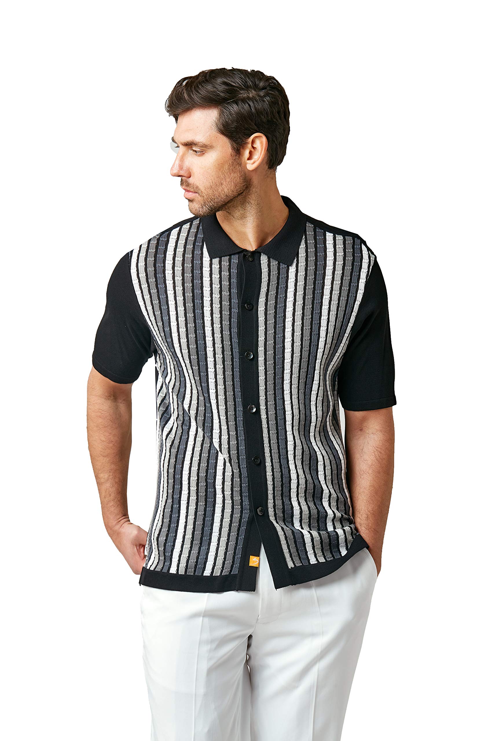 Men's Short Sleeve Knit Shirt- California Rockabilly Style: Multi Stripes, Z-black, XL