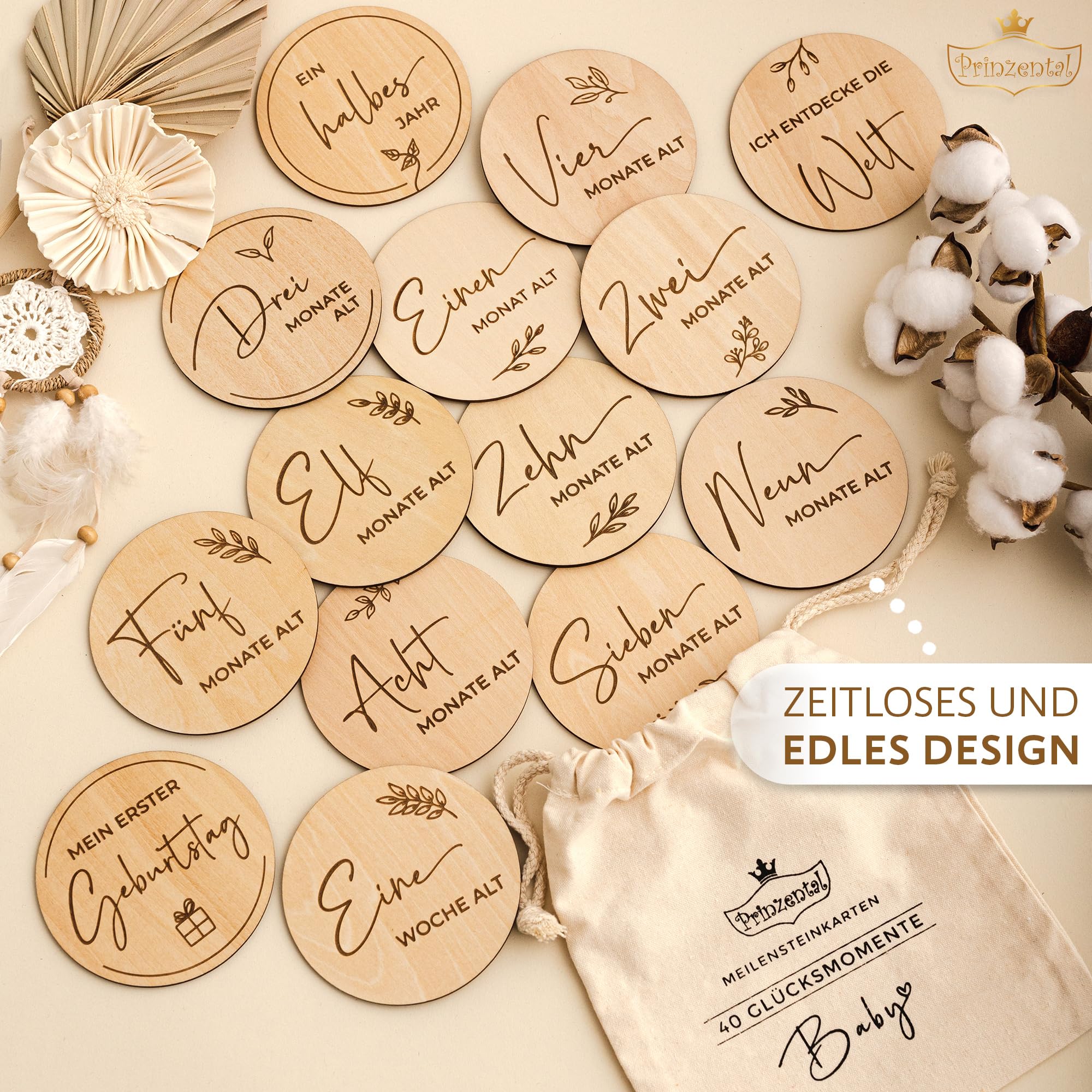 Meilensteinkarten Baby aus Holz | 40 Meilensteine auf edlen Holzscheiben | Mit Blanko Karte und Stoffbeutel | Geschenk zur Schwangerschaft | Zeitloses Design & Premium Qualität