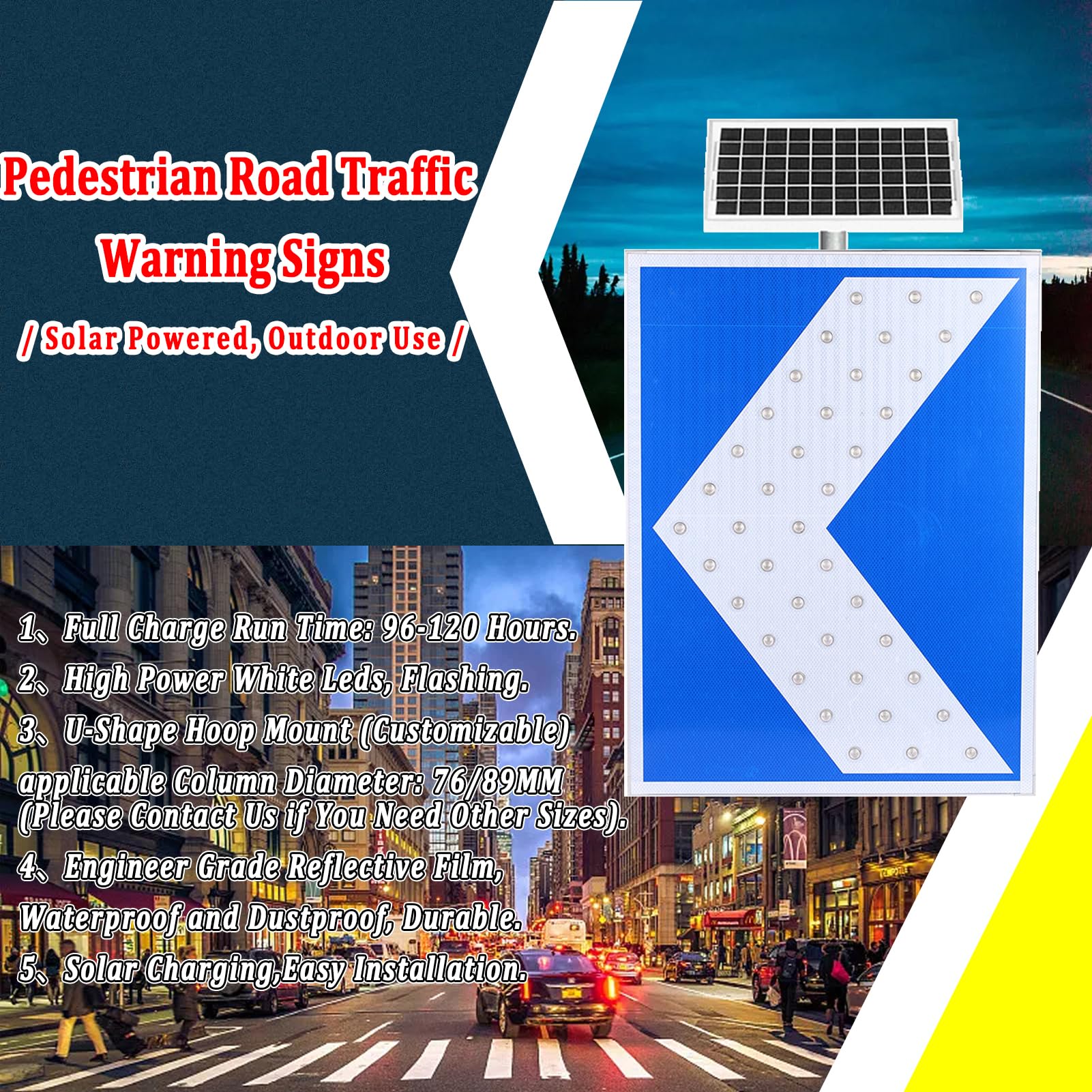 señal de Calle metálica led Intermitente con Accesorios de Montaje y película Reflectante de Grado Industrial, energía Solar, Aluminio Impermeable