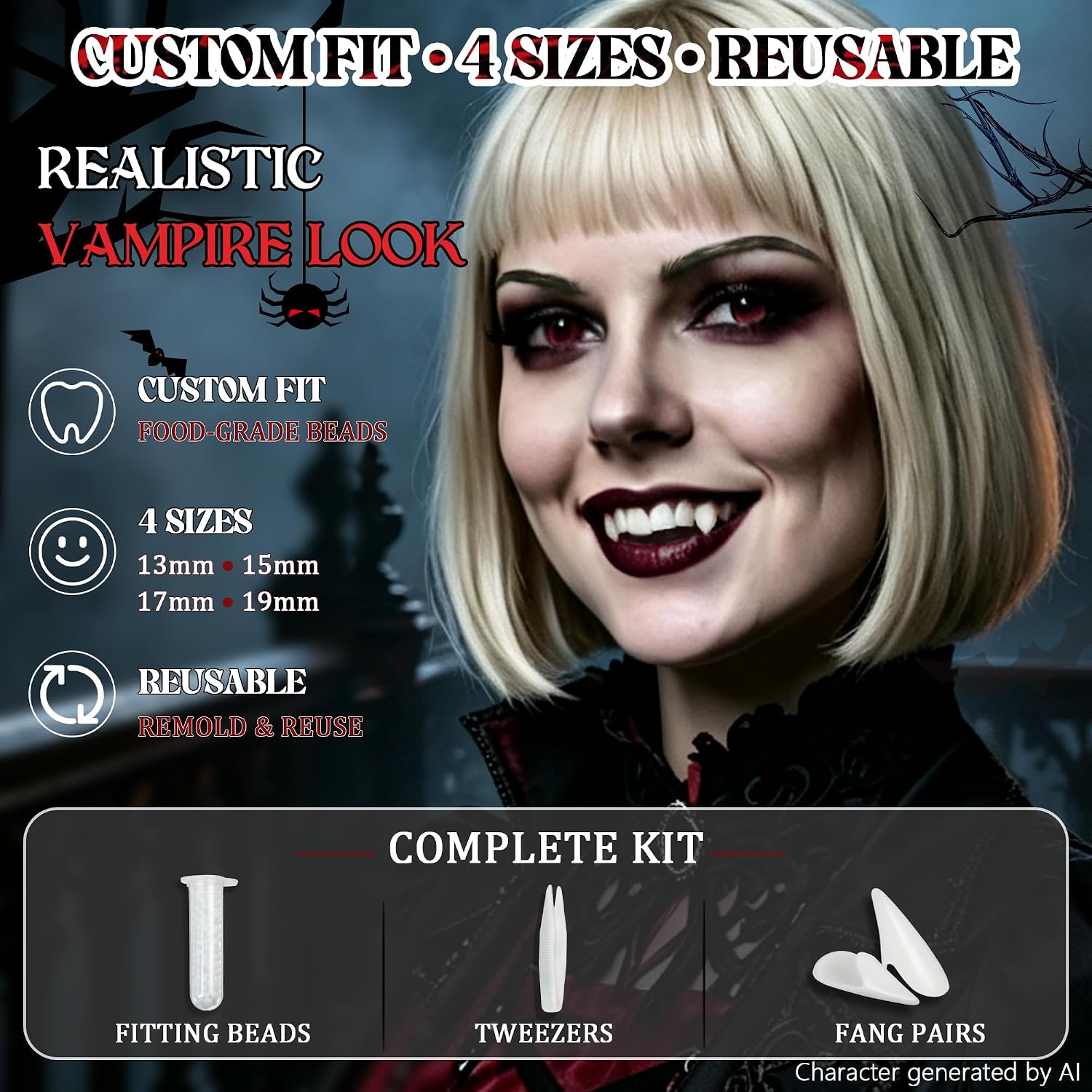 24 Pairs Halloween Vampire Fangs Fake Teeth with Adhesive Beads &Tweezers, 4 Sizes Reusable Vampire Teeth Halloween Costume Accessories Cosplay Horror Party Favors Masquerade Supplies