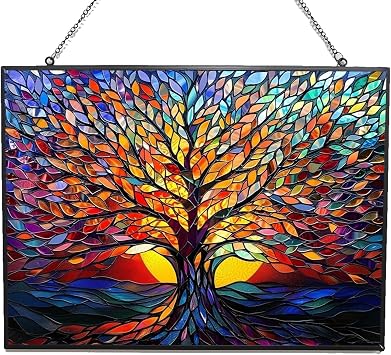 Rectangle Tree of Life Stained Glass Window Hanging Window Suncatcher Glass Panel with Metal Chain Sun Catchers Wall Art Home Decor Gift for Women Mothers Day
