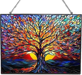 Rectangle Tree of Life Stained Glass Window Hanging, 15" W X 11" H Stained
