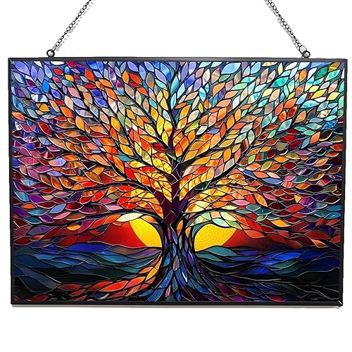 Rectangle Tree of Life Stained Glass Window Hanging, 15" W