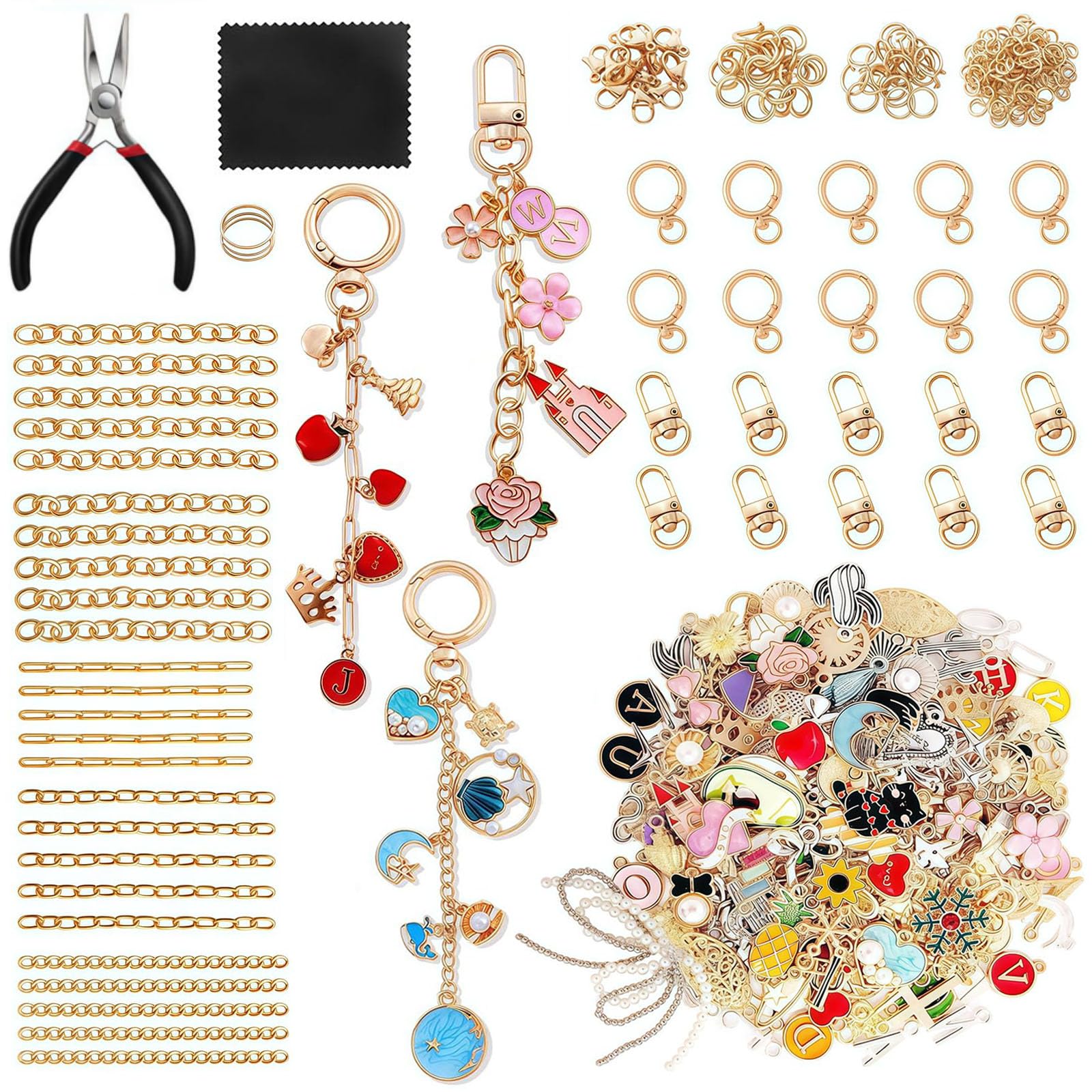 PokeAir Keychain Making Kit, 325PCS Bag Charm Kit with Charms, Key Ring Hoop, Extender Chain, Pliers, Jewellery Making Supplies for DIY Lipgloss, Bracelet, Necklace, Keychains Making Supplies (Gold)