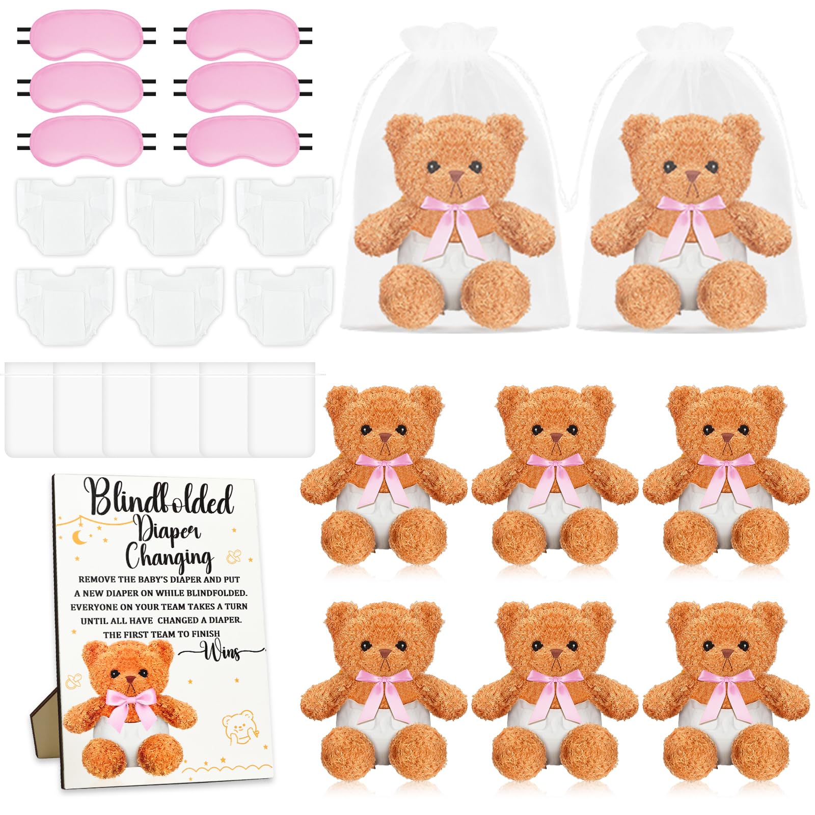 Photo 1 of ACMEE 25 Pack Baby Shower Games Blindfold Diaper Changing Kit - 12 Inch Bear Dolls with Diapers, Fun Bridal Shower & Gender Reveal Games Supplies, Group Activity for Adults(Pink)
