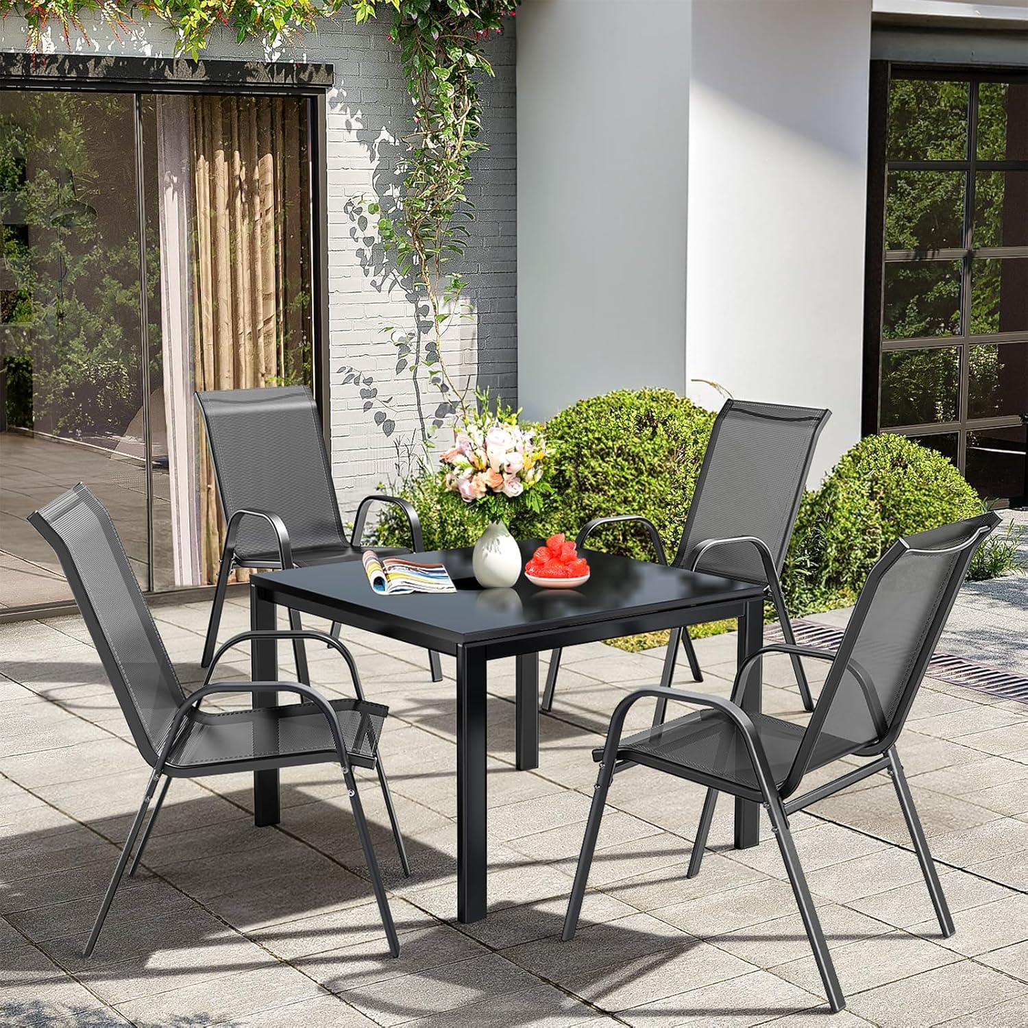 Patio Chairs Outdoor Dining Chairs Set of 4, Stackable All Weather Dining Chairs Set, Textilene Heavy Duty Patio Furniture Chair with Curved Back Bar & Rustproof Steel Frame for Deck Garden Pool Grey