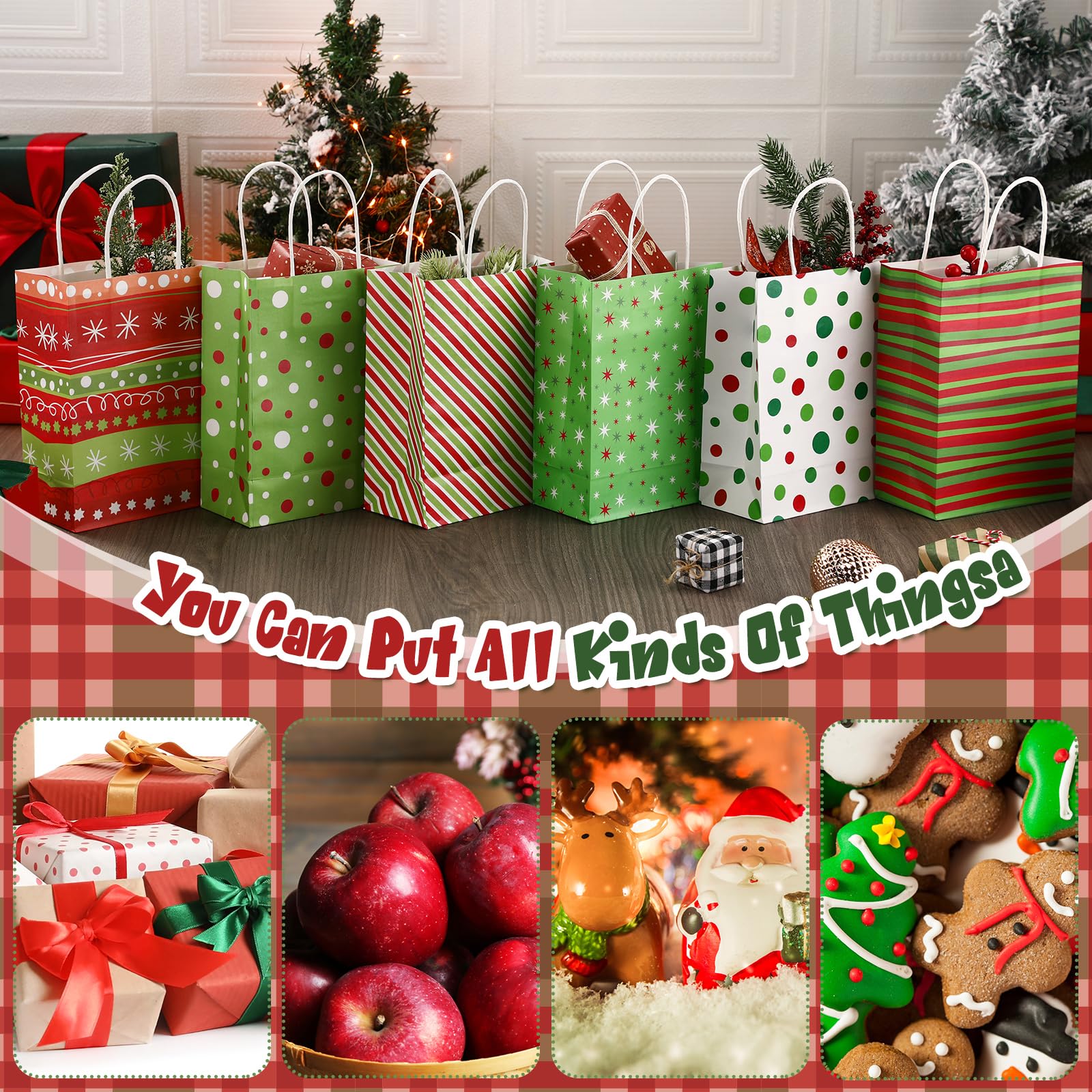 Kolldenn 60 Pcs Christmas Kraft Paper Gift Bags - 8.27x5.91x3.15 Inch Small Gift Bags With Handles, 6 Styles