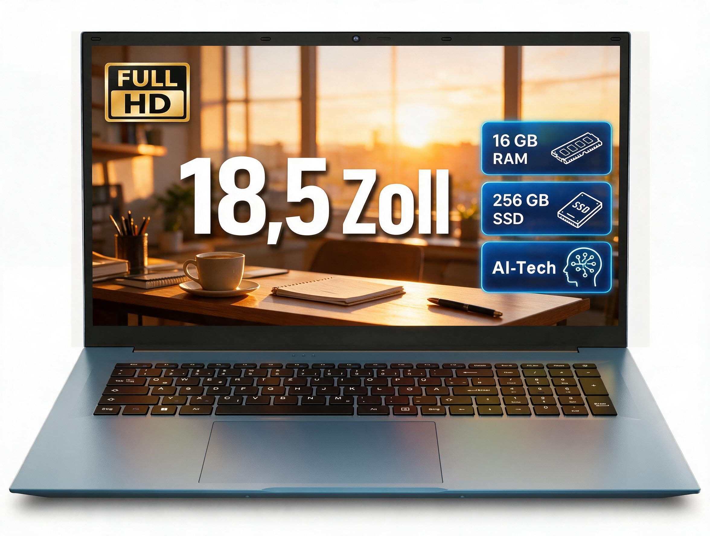 Liuord Laptop 18,5 Zoll FHD Display, 16GB RAM 256GB SSD AI-Unterstützung | Core I3, WiFi 6, Vollfunktions Type-C, Deutsche Tastatur Ideal für Studium, Homeoffice und Business