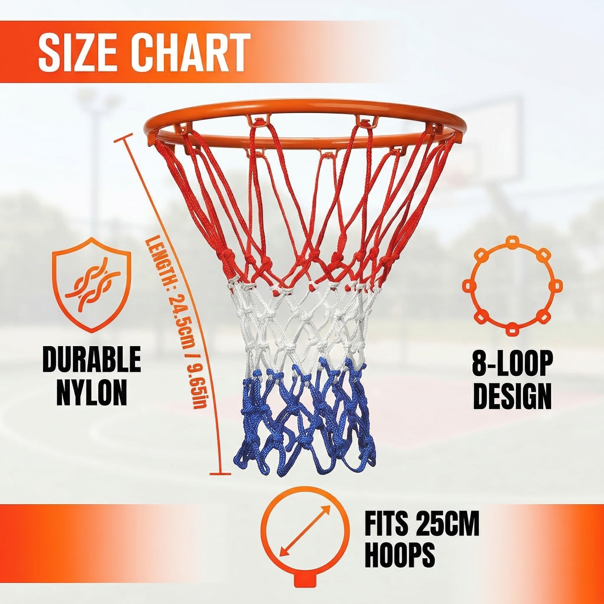 4 Piezas Red de repuesto para baloncesto de tamaño pequeño, para cestas de 20 a 26 cm, 8 trabillas, para intercambiar redes interiores y exteriores