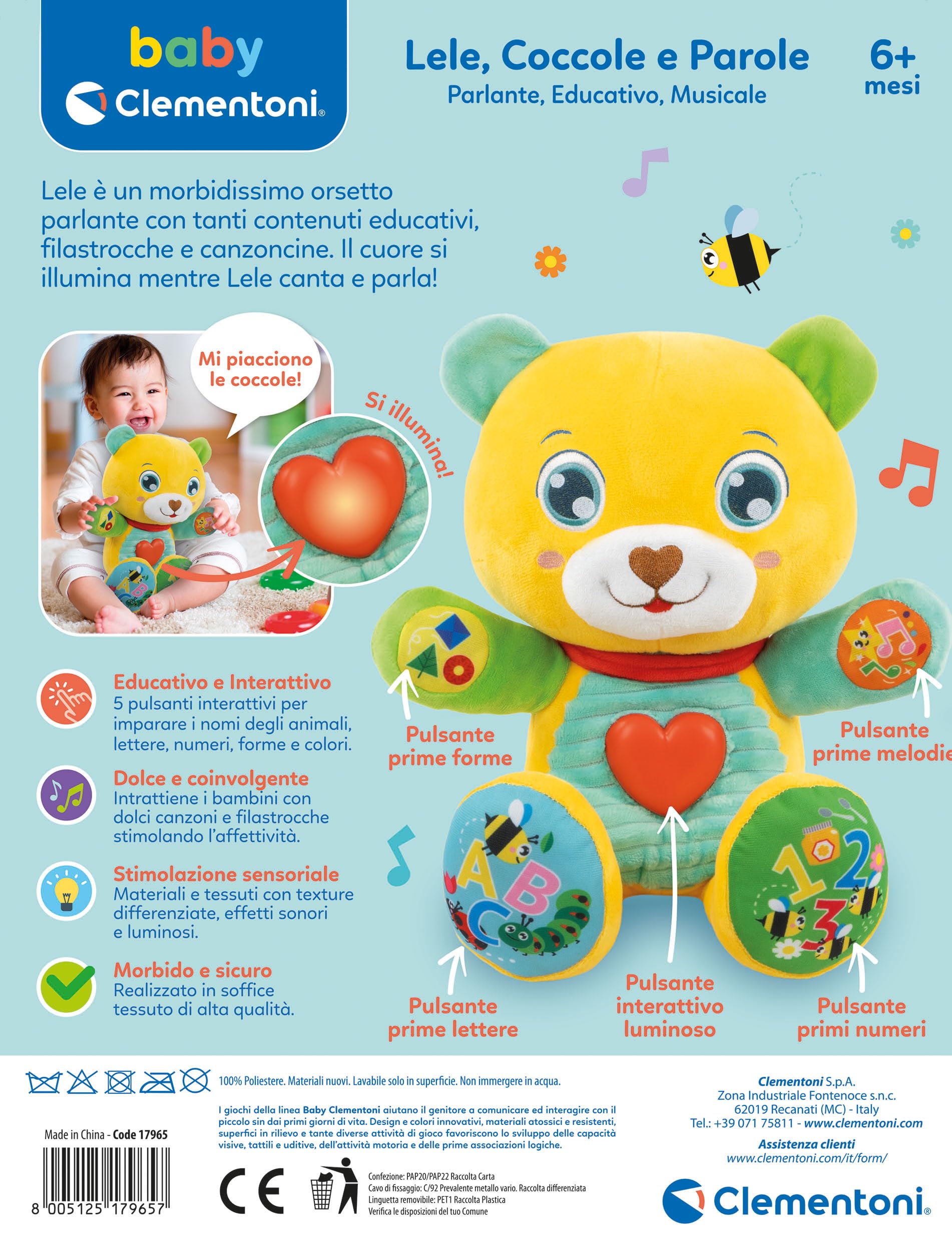 Clementoni Baby Lele Coccole e Parole, Peluche Interattivo Parlante per Bambini di 6+ Mesi, Centro attività Che Stimola Lo Sviluppo Sensoriale e Cognitivo, Lingua Italiana, 17965