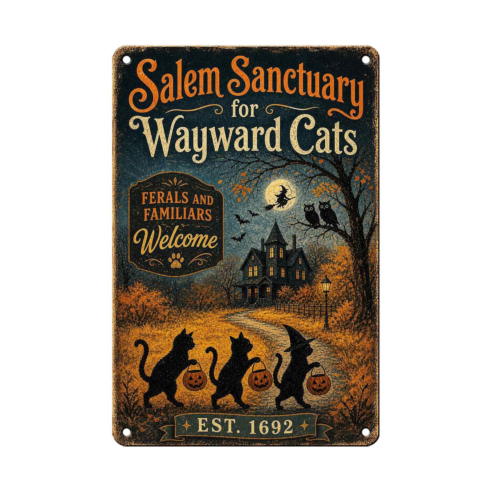 Photo 1 of KIKIWALSGN Halloween Tin Sign Black Cat Pumpkin