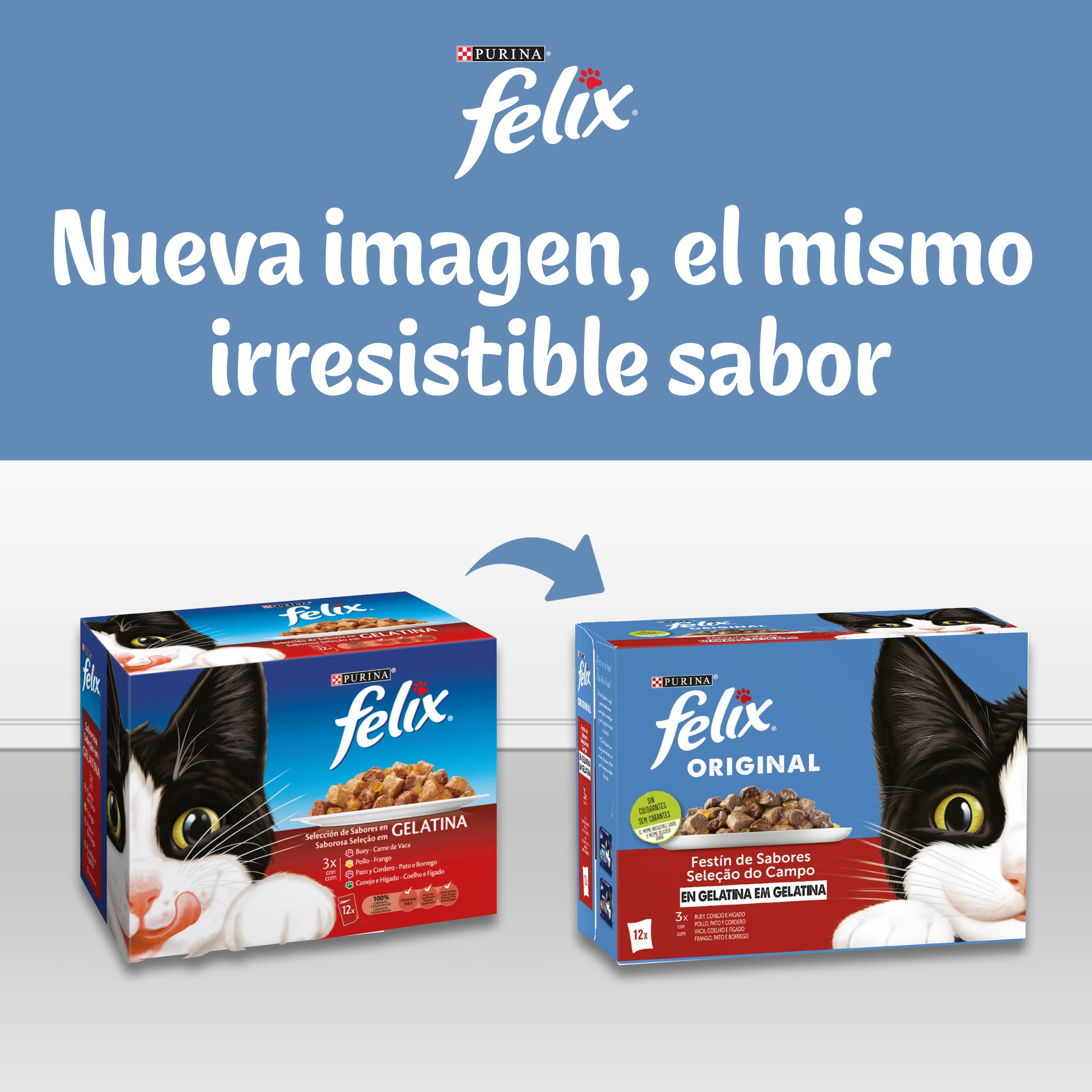 FELIX Original, Comida Húmeda para Gato Adulto, Gelatina, Surtido de Pollo y Buey, 12 Packs de 4 Sobres de 85 g. (48 Sobres)