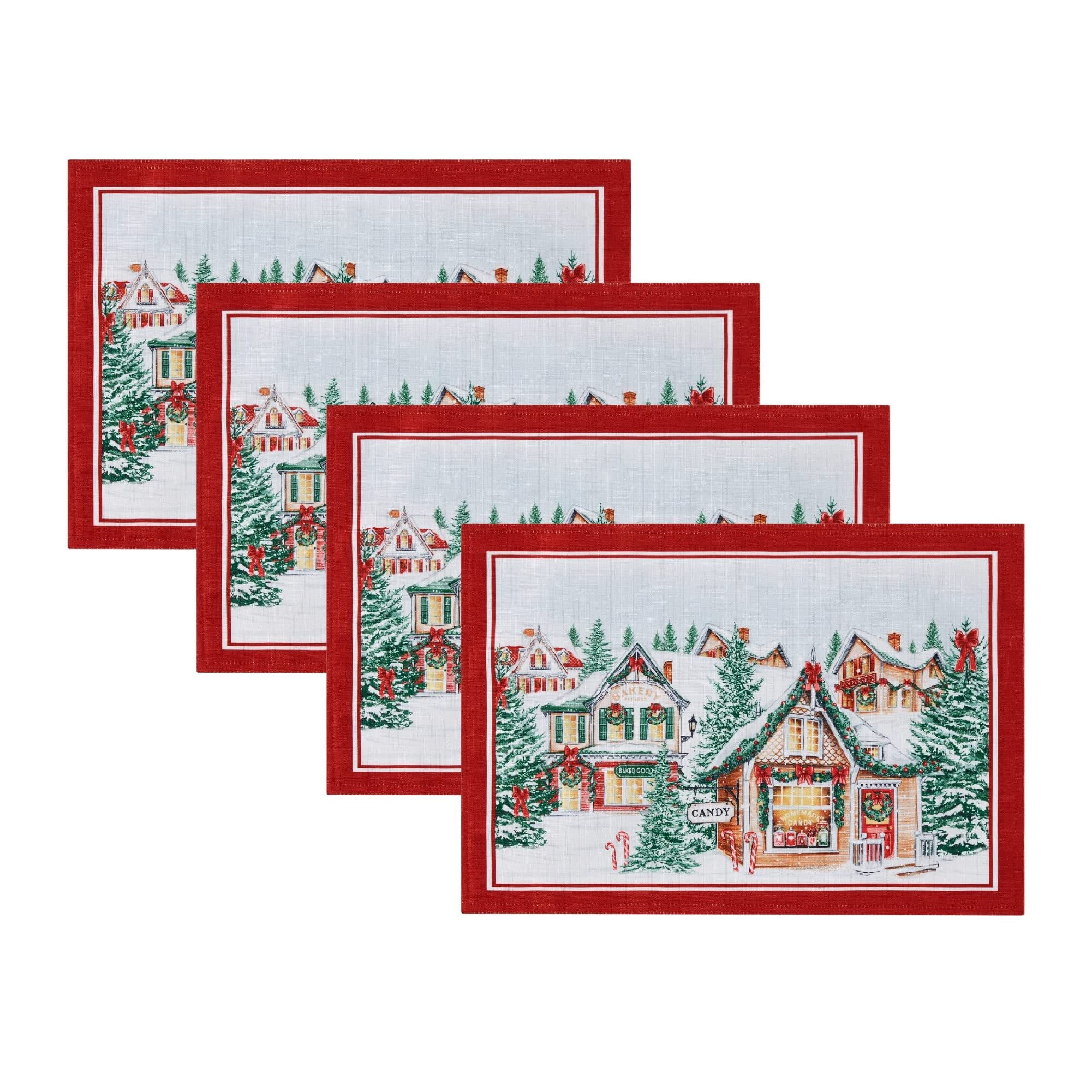 Elrene Home Fashions Storybook Christmas Village Holiday Fabric Placemat Set of 4, 13"x19", Multi