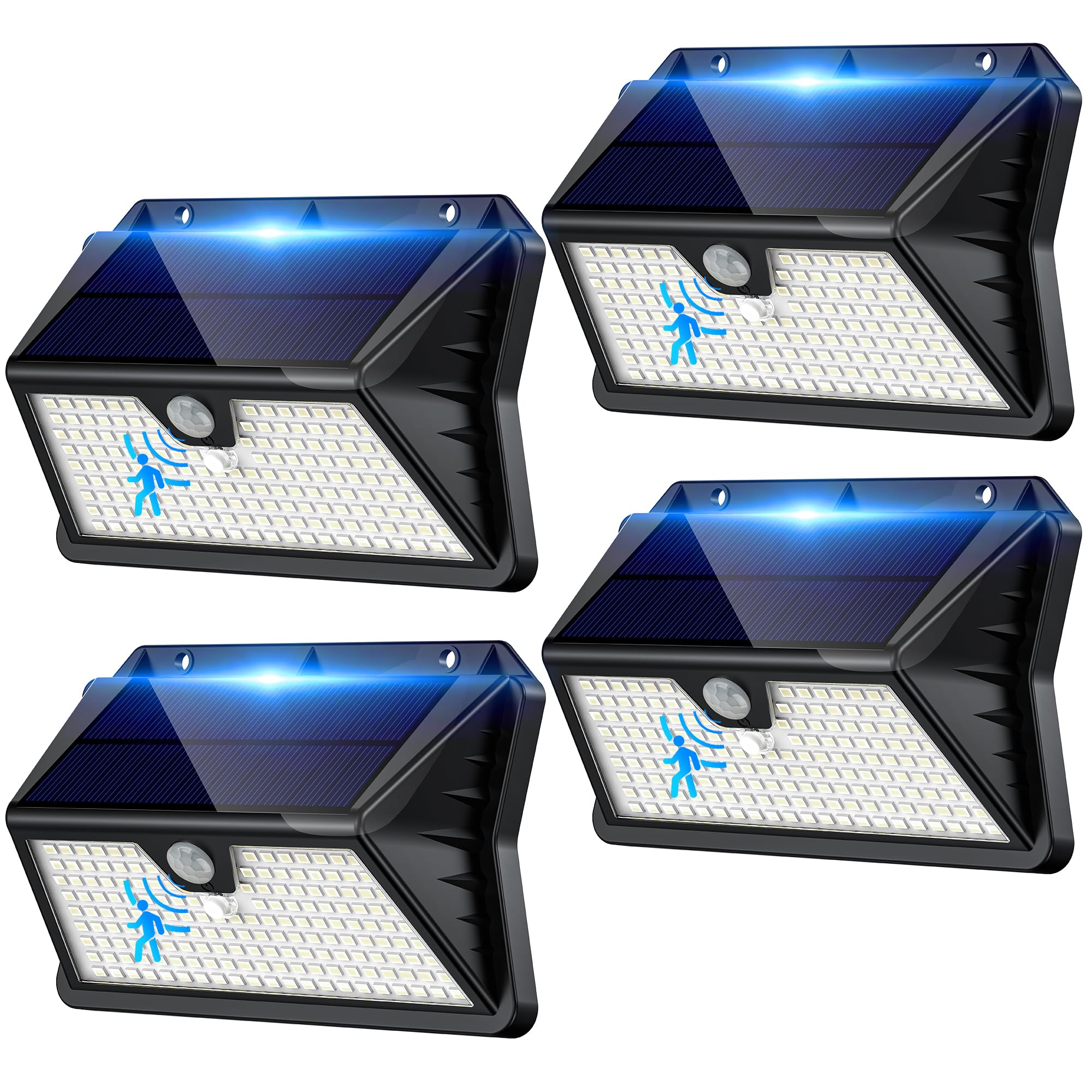 Luz Solar Exterior,【4 Paquete/3 Modos】 Luces Solares con Sensor Jardin de Movimiento 185 LED Focos LED Exterior Solares IP65 Impermeable para Jardín, Garaje, Patio, Puertas (Blanco Frío)