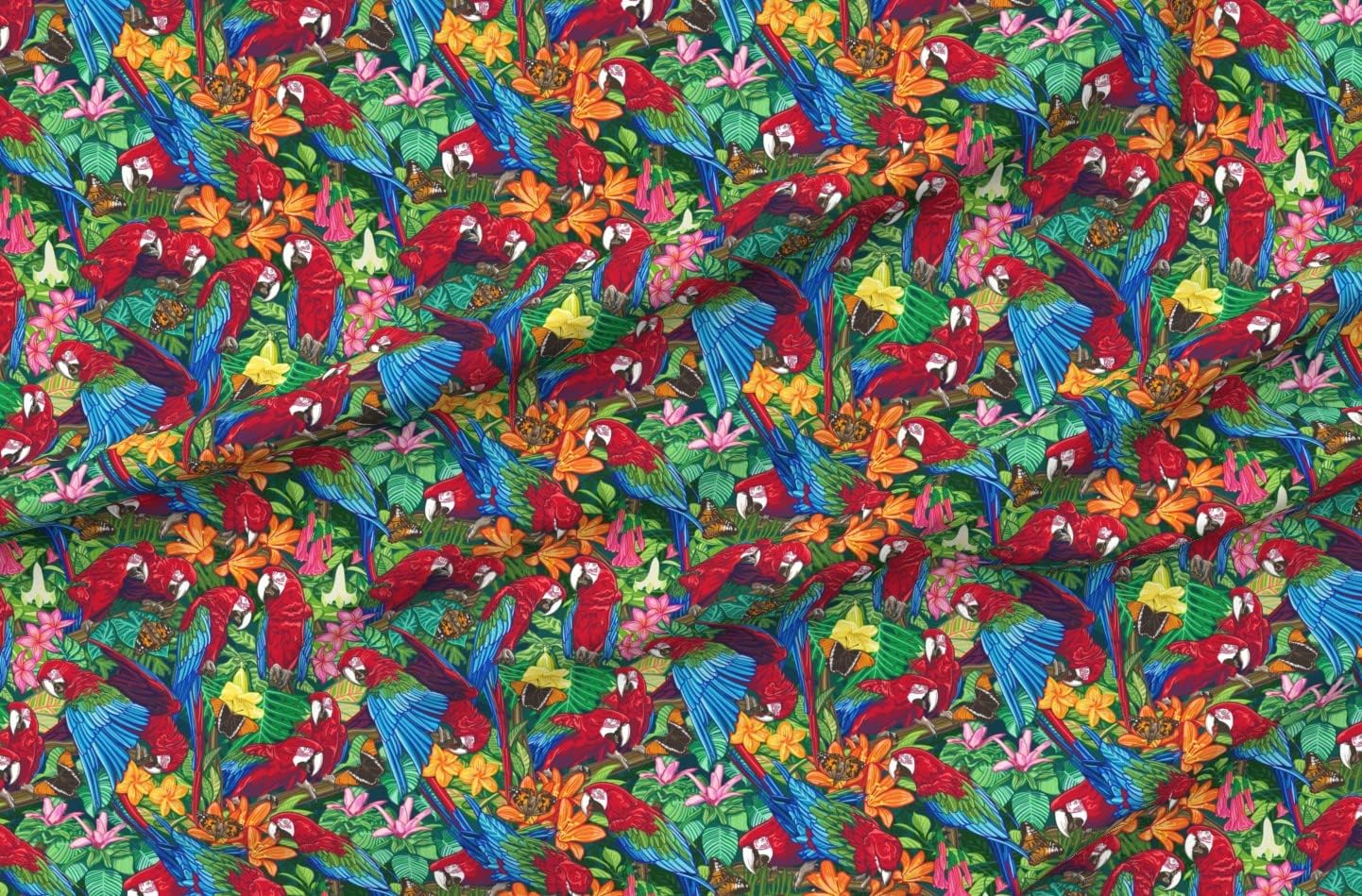 Spoonflower Fabric - Tropical Birds Parrots Foliage Lush Rainforest Equator Printed on Petal Signature Cotton Fabric by The Yard - Sewing Quilting Apparel Crafts Decor