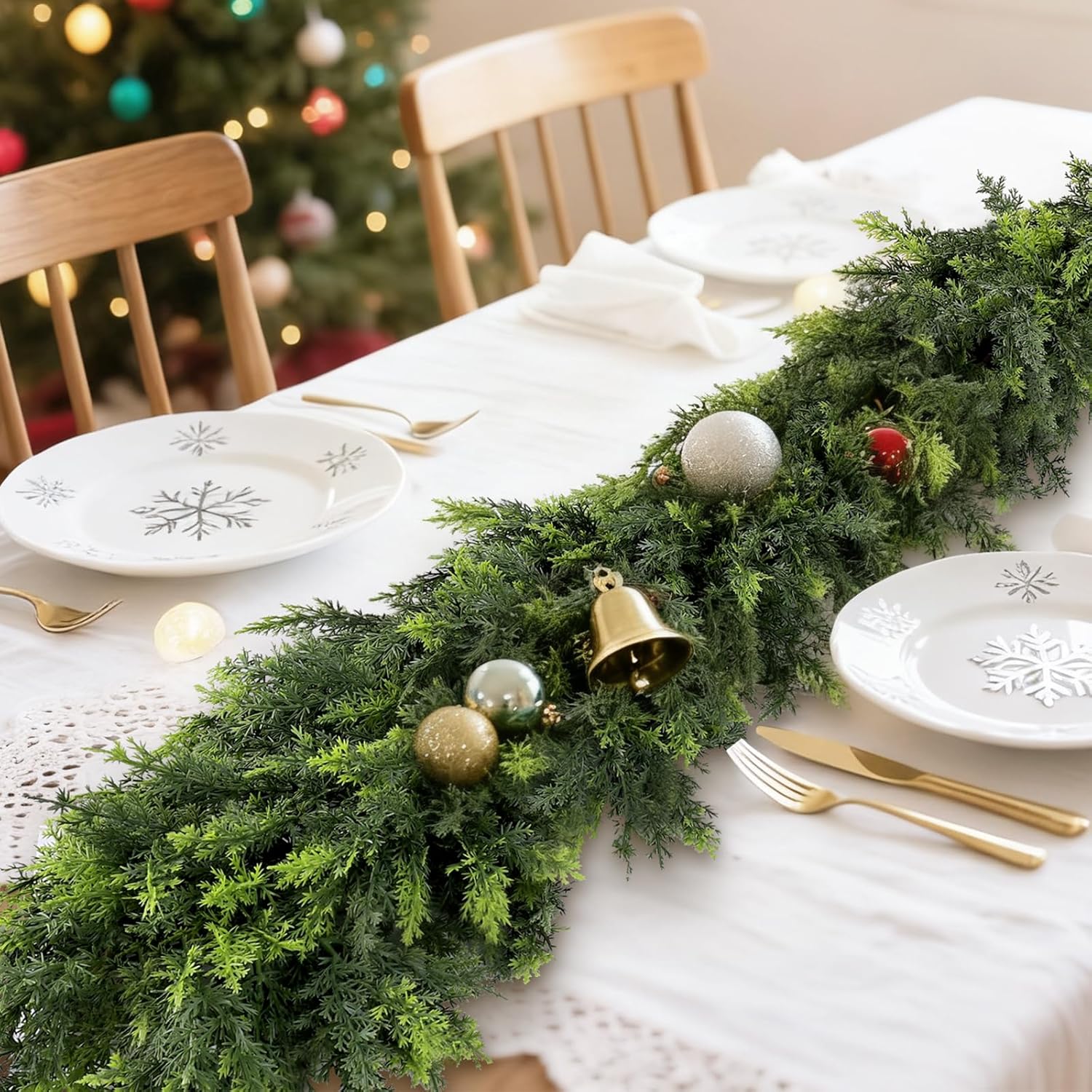 2Pcs 9FT Christmas Cedar Garland Artificial Real Touch Winter Cedar Pine Garland Thickness Lush Holiday Greenery Garlands for Mantle Fireplace Stairs Table Porch Outdoor Indoor Christmas Decorations