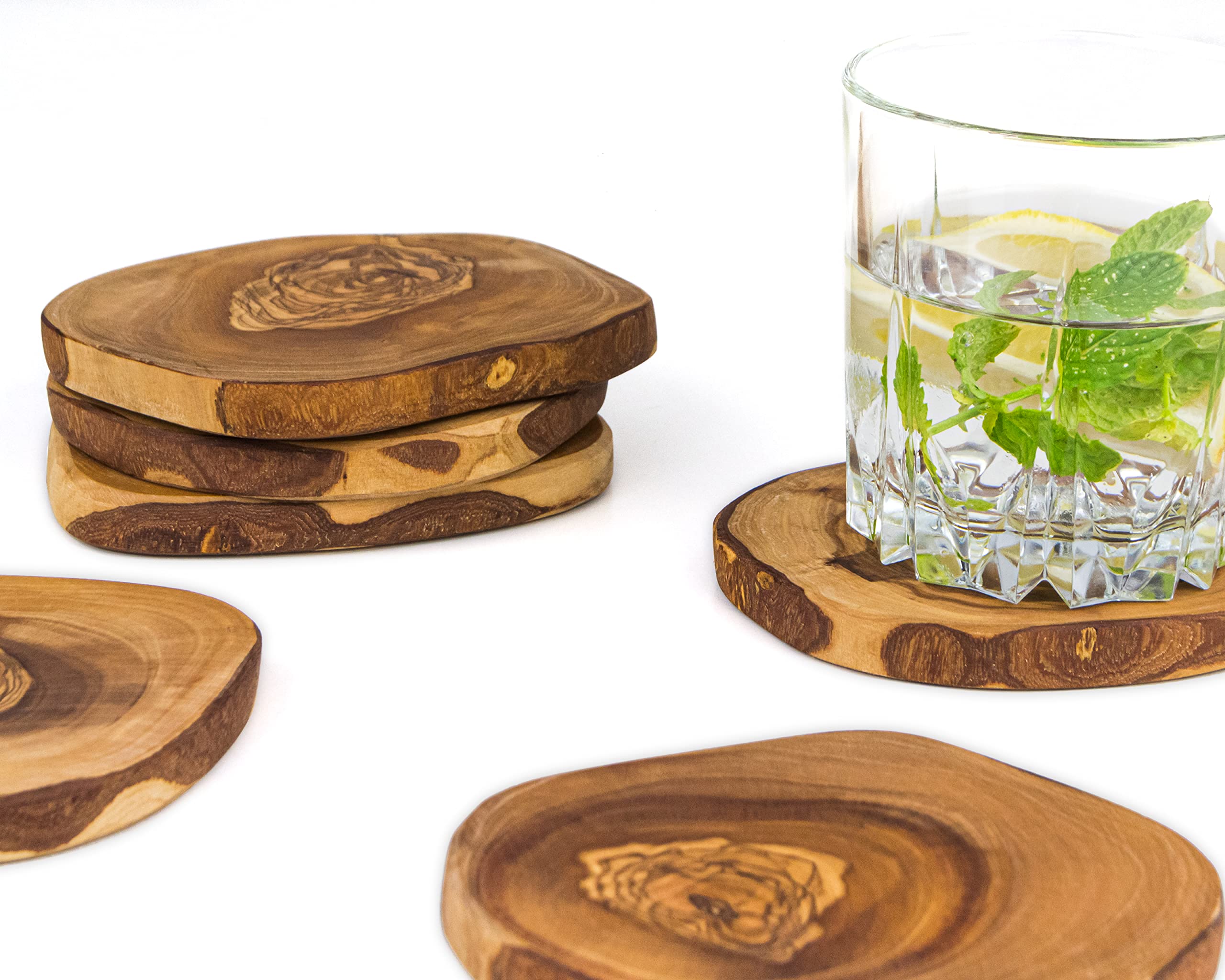 Dessous De Verre Bois DARIDO Ensemble De 6 Sous Verre Rondin De Bois D'Olivier Rustiques Avec Support - Faits à Dessous De Verre Originaux