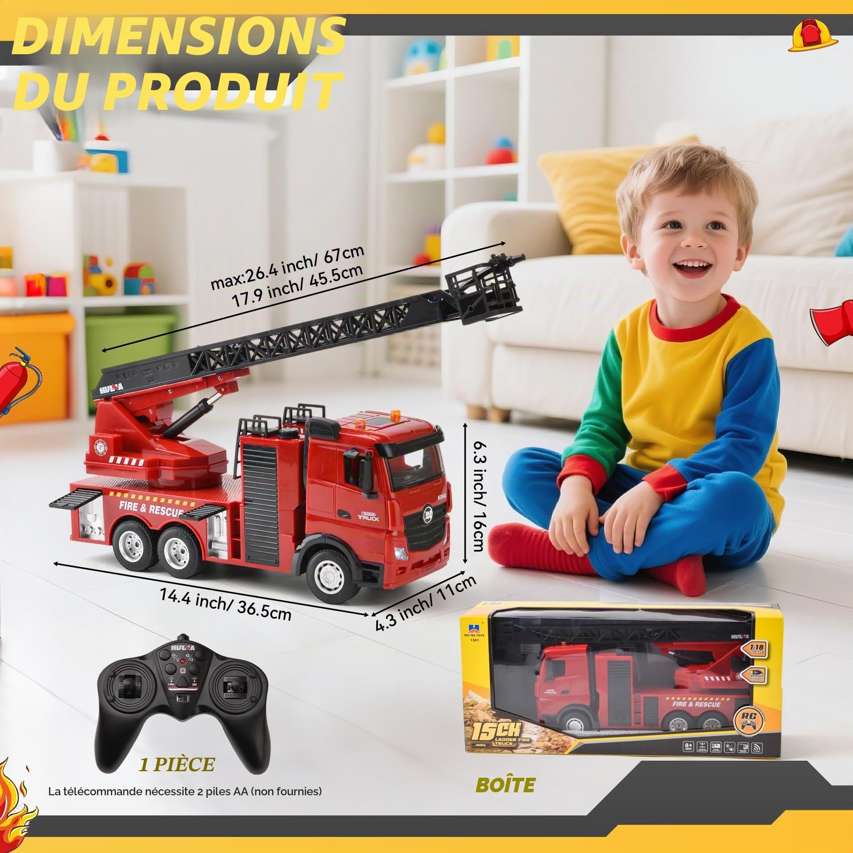 Grand Camion de Pompiers RC 1:18 | Camion de Pompiers télécommandé 2,4G avec Échelle Pivotante à 270° et Fonction Jet d'eau | Rechargeable 7,4V, Lumières & Sons | Jouet Pompier dès 3 Ans