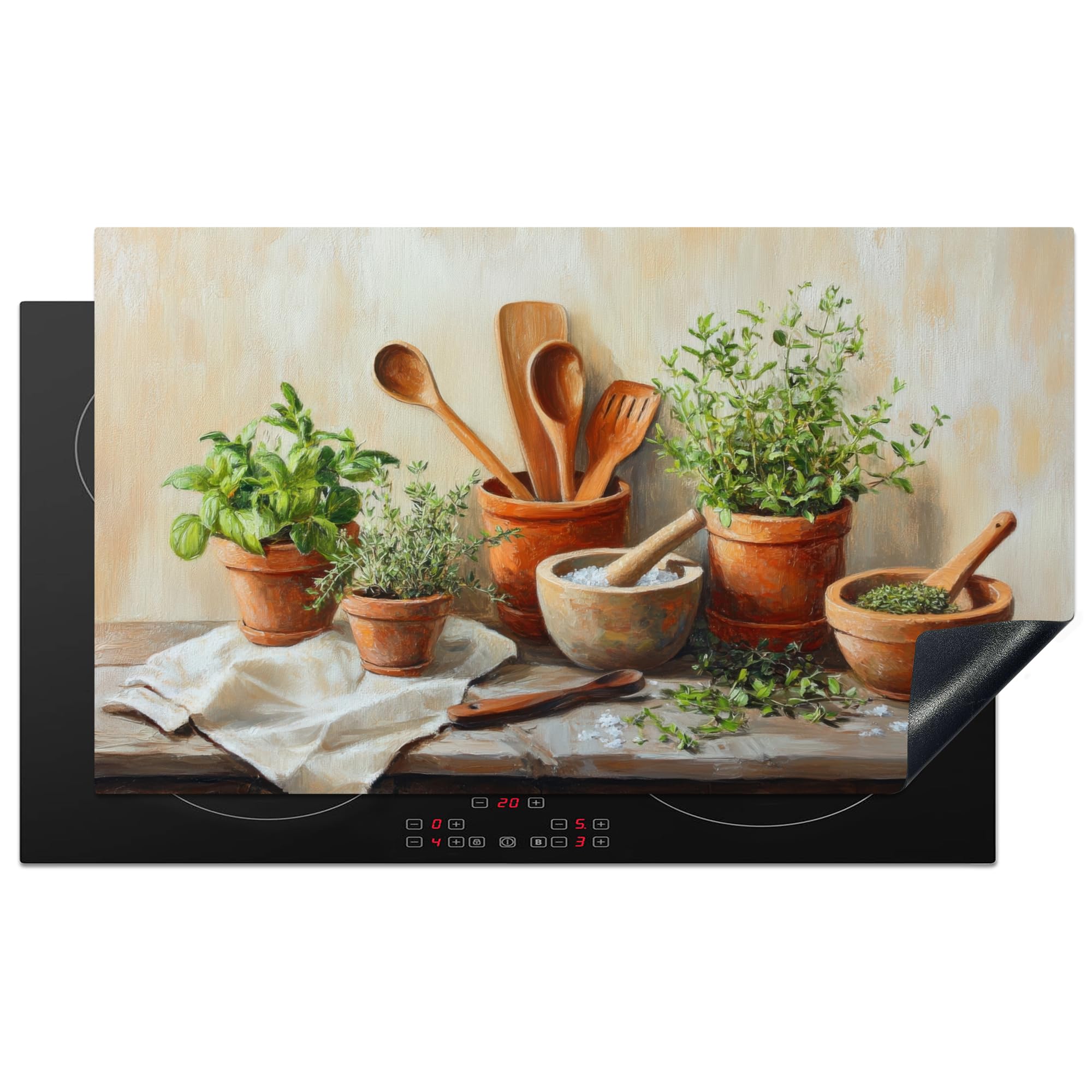 KitchenYeah© Induction Hob Protector Mat 20.5"x35.9" / 91.2x52 cm Cooker Top Protectors Cover Ceramic Covers Electric Hobs Vinyl Pots - Herbs - Wood