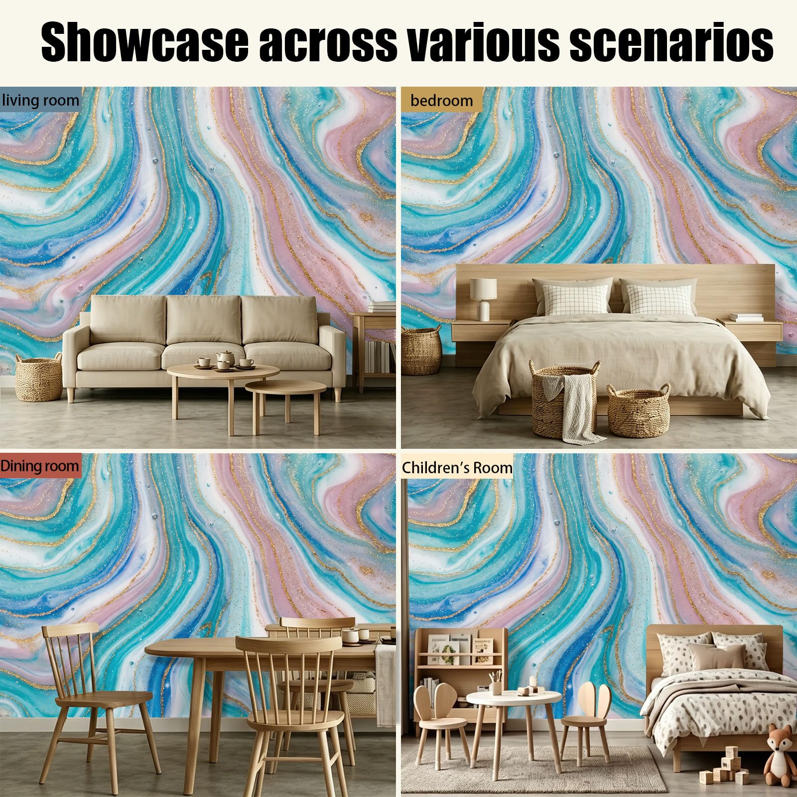 Papel pintado 3D panorámico de lujo discreto, efecto acuarela curvo póster, 250 x 175 cm (L x H) Papel pintado no tejido de pared para salón de niños, sofá TV fondo decoración, rosa azul