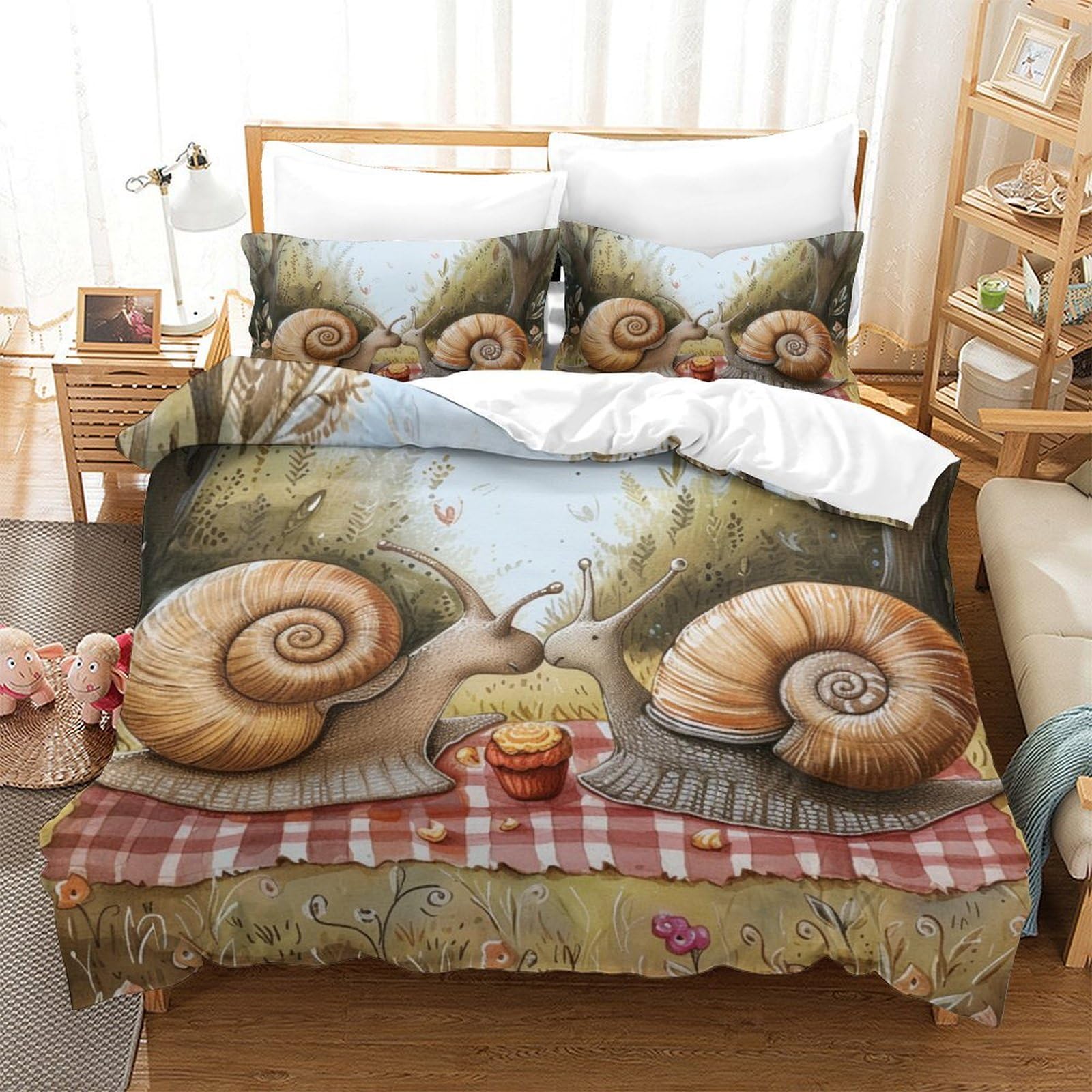 Housse de couette escargot 3D 220x240 cm en microfibre avec taies d'oreiller