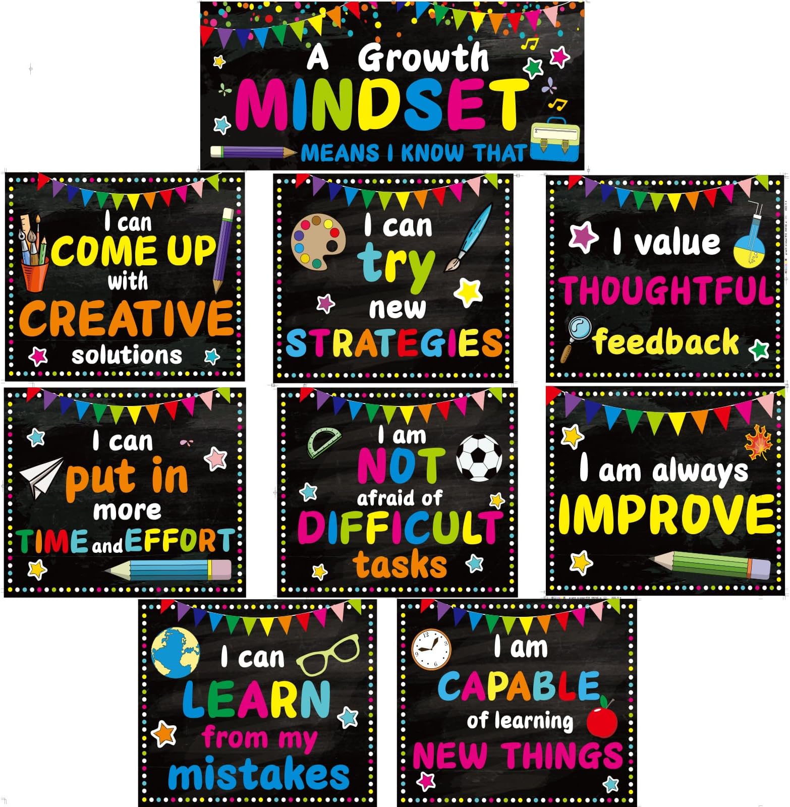 10 Pieces Growth Mindset Banner Classroom Motivational Posters Inspirational Bulletin Board Classroom Decoration for School Wall Art Decoration, Elementary Middle and High School Student