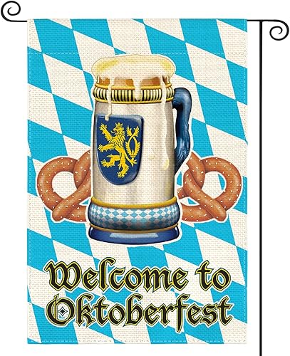 AVOIN colorlife Bandera de jardín de Baviera de bienvenida a Oktoberfest de 12 x 18 pulgadas, doble cara, taza de cerveza, pretzel, celebración,