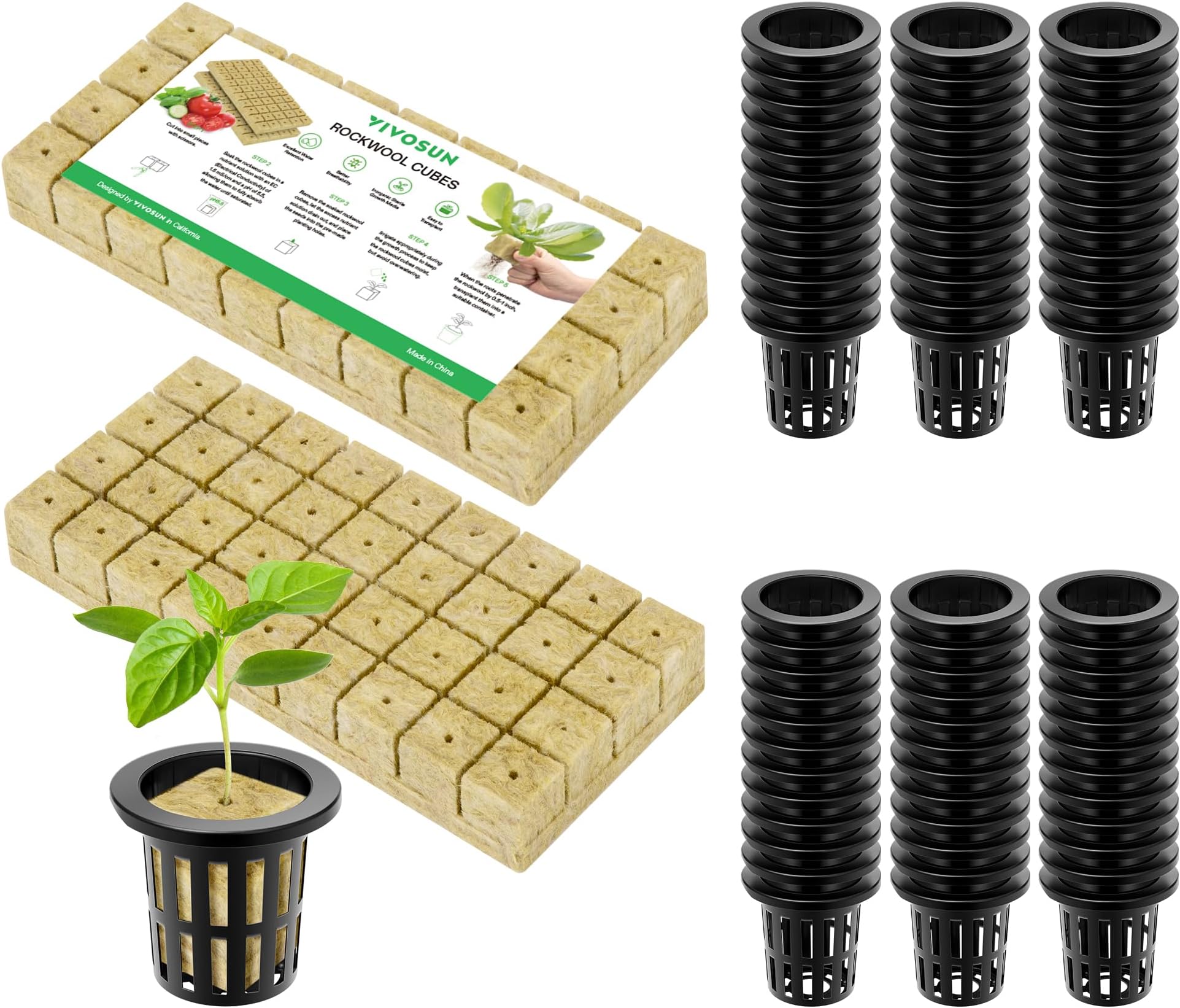 72 Rockwool Cubes & Net Pots Set for Hydroponics, 1.2” x 1.2” x 1.6” Cubes, 72 Plugs & 72 2” Net Cups for Hydroponic Growing, Seed-Starting, Cloning, Tower Gardens