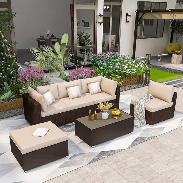 GYUTEI Patio Furniture Sets 6 Pieces Outdoor Sectional Sofa, Hand-Woven Wicker Patio Conversation Set with Coffee Table,Ba...