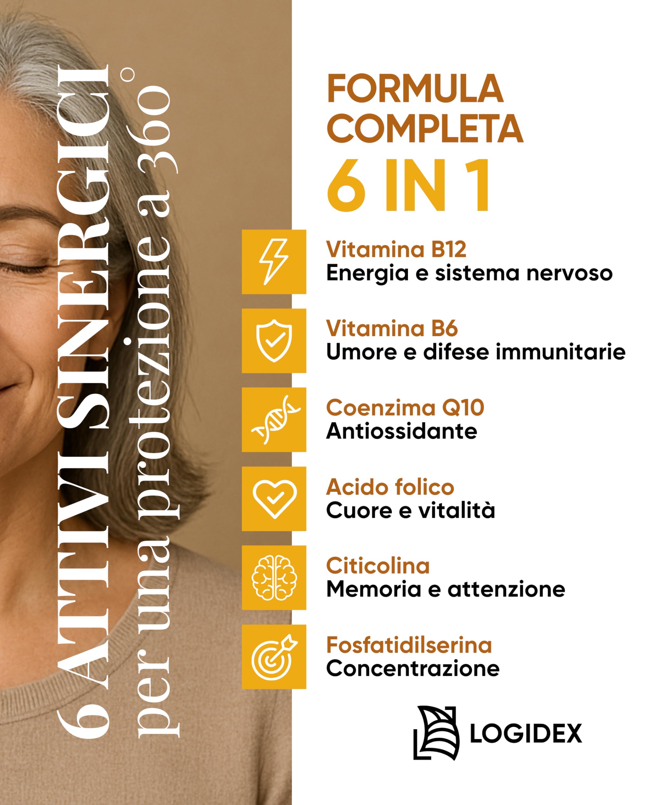 Betafolic Age - Integratore Vitamina B6 e B12, per Stanchezza, Memoria e Concentrazione, con B-Complex, Acido Folico, Citicolina e Q10 – 30 Compresse – Made in Italy Logidex